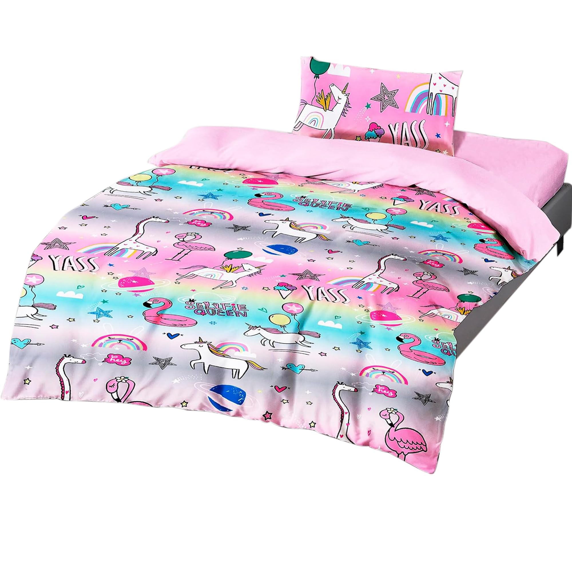 various 3-Piece Children's Duvet Cover Set for 90 cm Beds – Duvet Cover 150 x 220 cm, 1 Pillowcase 45 x 70 cm and Fitted Sheet 90 x 190, Soft and Breathable Polyester (Pink Unicorn)