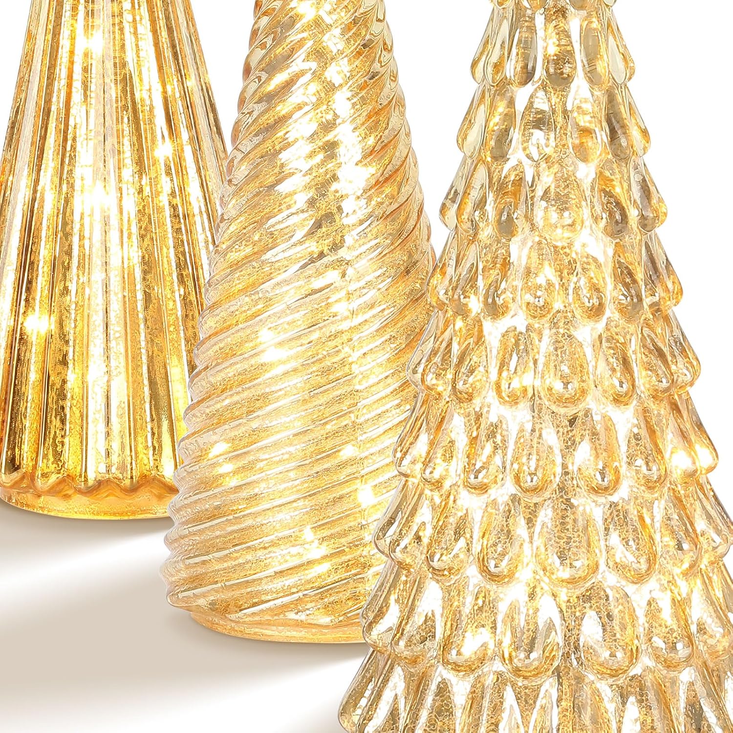Table Top Christmas Tree Decorations with Fairy Lights,Gold Mercury Glass Finish, Holiday Table Centerpiece and Mantle Decor Set of 3 Assorted Trees