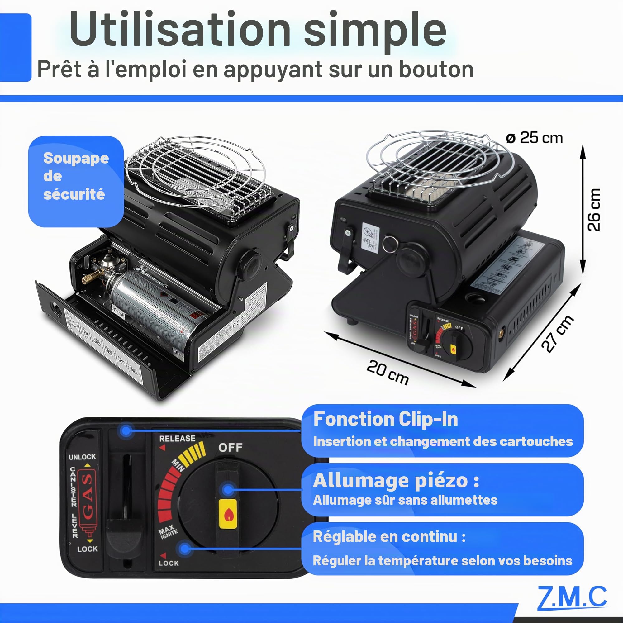 Z.M.C Chauffage à Gaz Portable 2 en 1 Avec Connexion GPL - Chauffage de Camping 1,3 kW Pour Extérieur, Mobile Avec Allumage Piézo