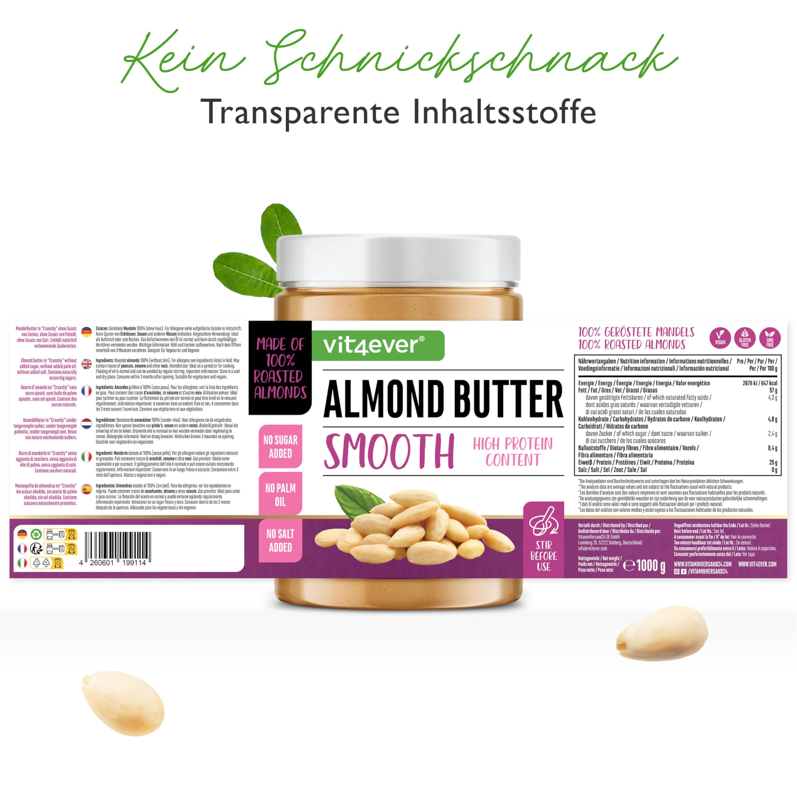 Mandelbutter Smooth - 1kg natürliche Mandel Butter ohne Zusätze aus 100% blanchierten Mandeln - High Protein - Cremiges Mandelmus ohne Zusätze von Salz, Öl oder Palmfett - Vegan | 25 % Protein, cremiges Mandelmus, ohne Salz, Öl & Palmöl, vegan & ohne Zusä