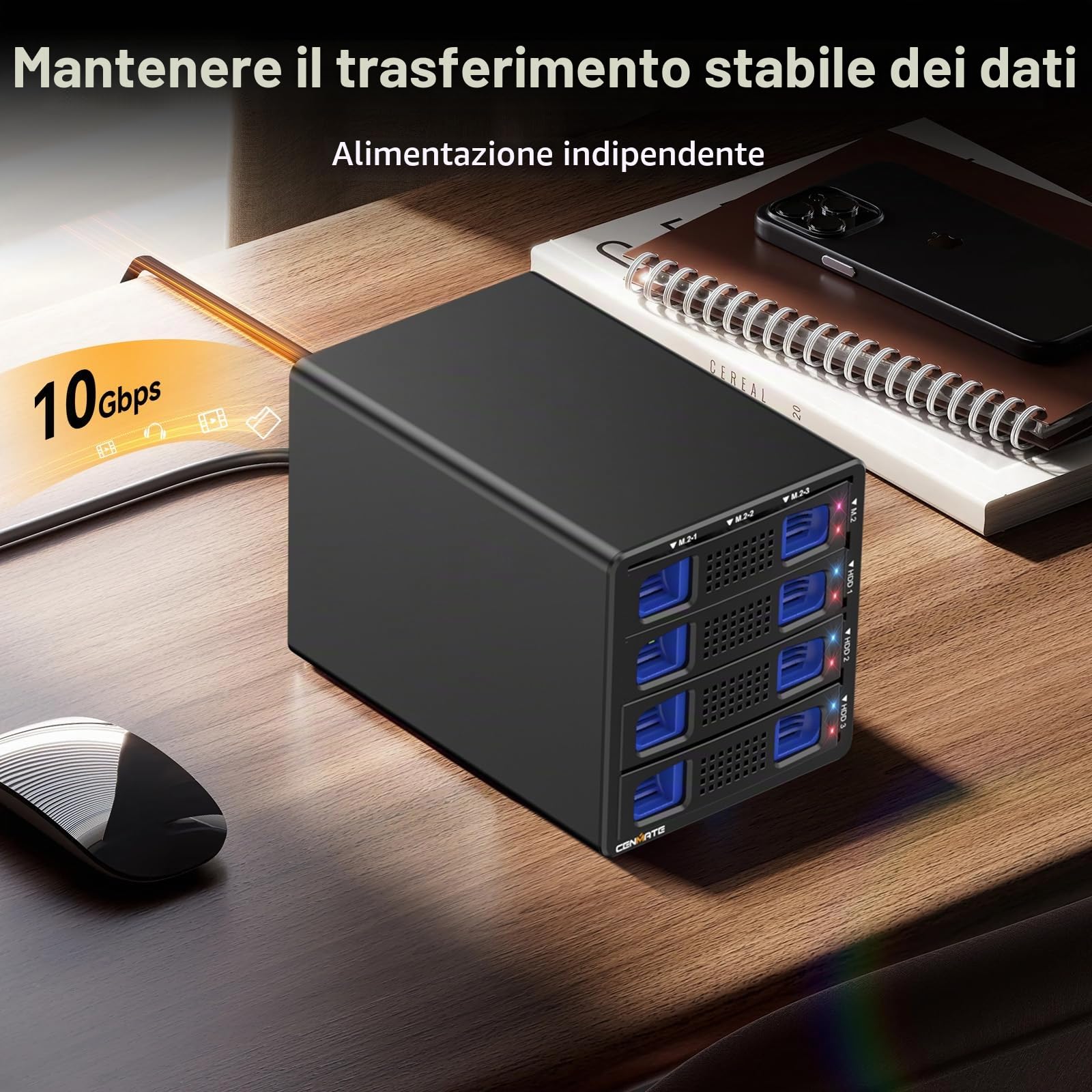 CENMATE Alloggiamento per disco rigido ibrido 3*3.5 HDD+3*M.2 NVMe con ventola per 2.5/3.5" SATA HDD/SSD e M Key/B+M Key 2230/42/60/80/110 M.2 SSD, cavo USB A/C 3.2