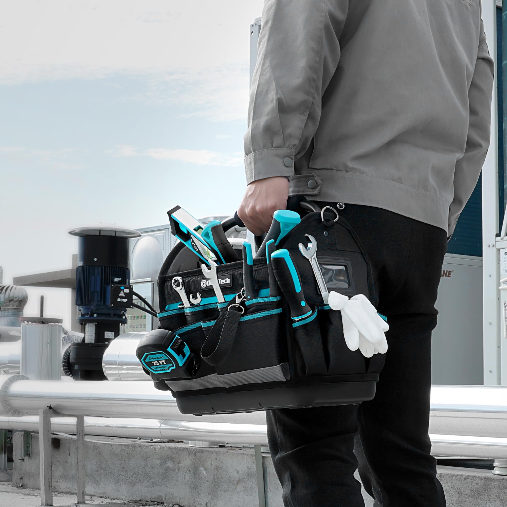 DURATECH Bolsa de Herramientas Duradera de 30,5 cm, Bolsa Portaherramientas con Base Imperable, Bolsa Rígida con Gran Apertura, Poliéster 900D, Asa de Transporte, Correa de Hombro Ajustable