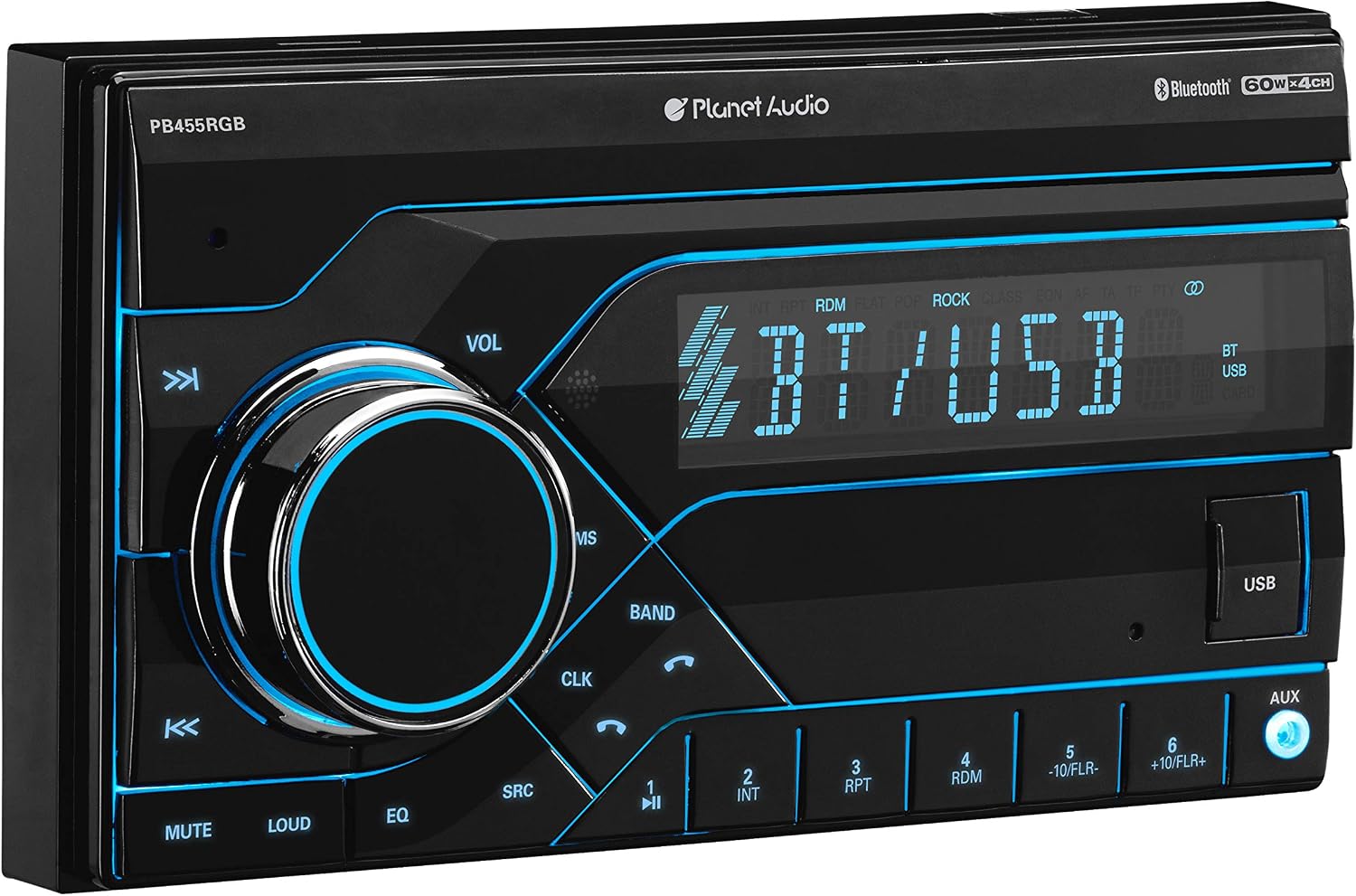 Planet Audio PB455RGB Multimedia Car Stereo - Double Din, Bluetooth Audio and Hands-Free Calling, MP3 Player, No CD/DVD, USB Port, AUX Input, AM/FM Radio Receiver, Multi Color Illumination