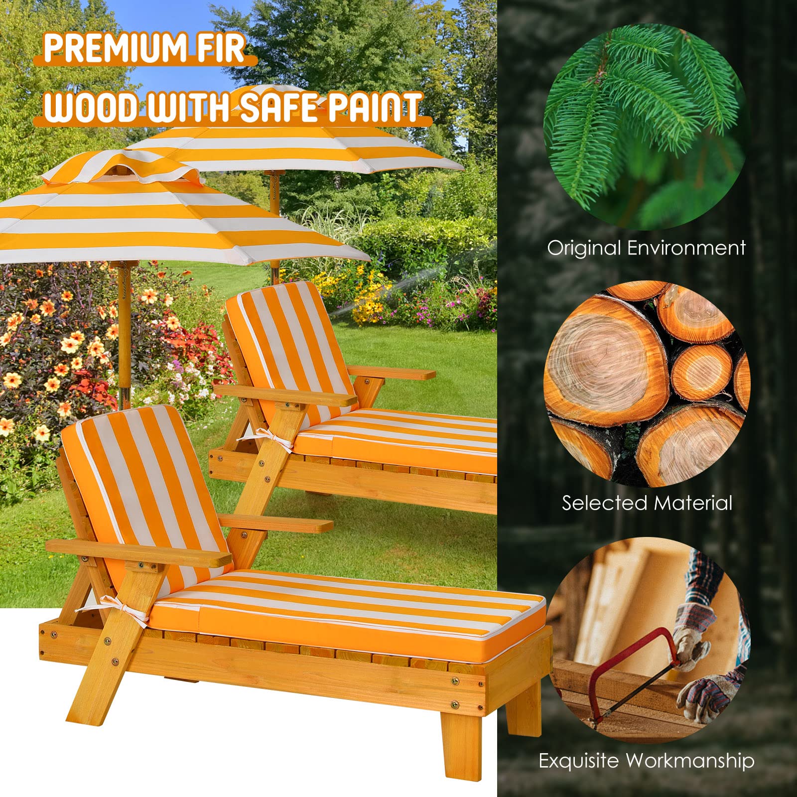 KOMFOTTEU Kinder Sonnenliege, Kinderstuhl mit Sonnenschirm & Kissen, Kinderliege aus Holz, Gartenliege bis 50kg belastbar, Kindersessel für Strand Balkon Pool, 92 x 49 x 106 cm