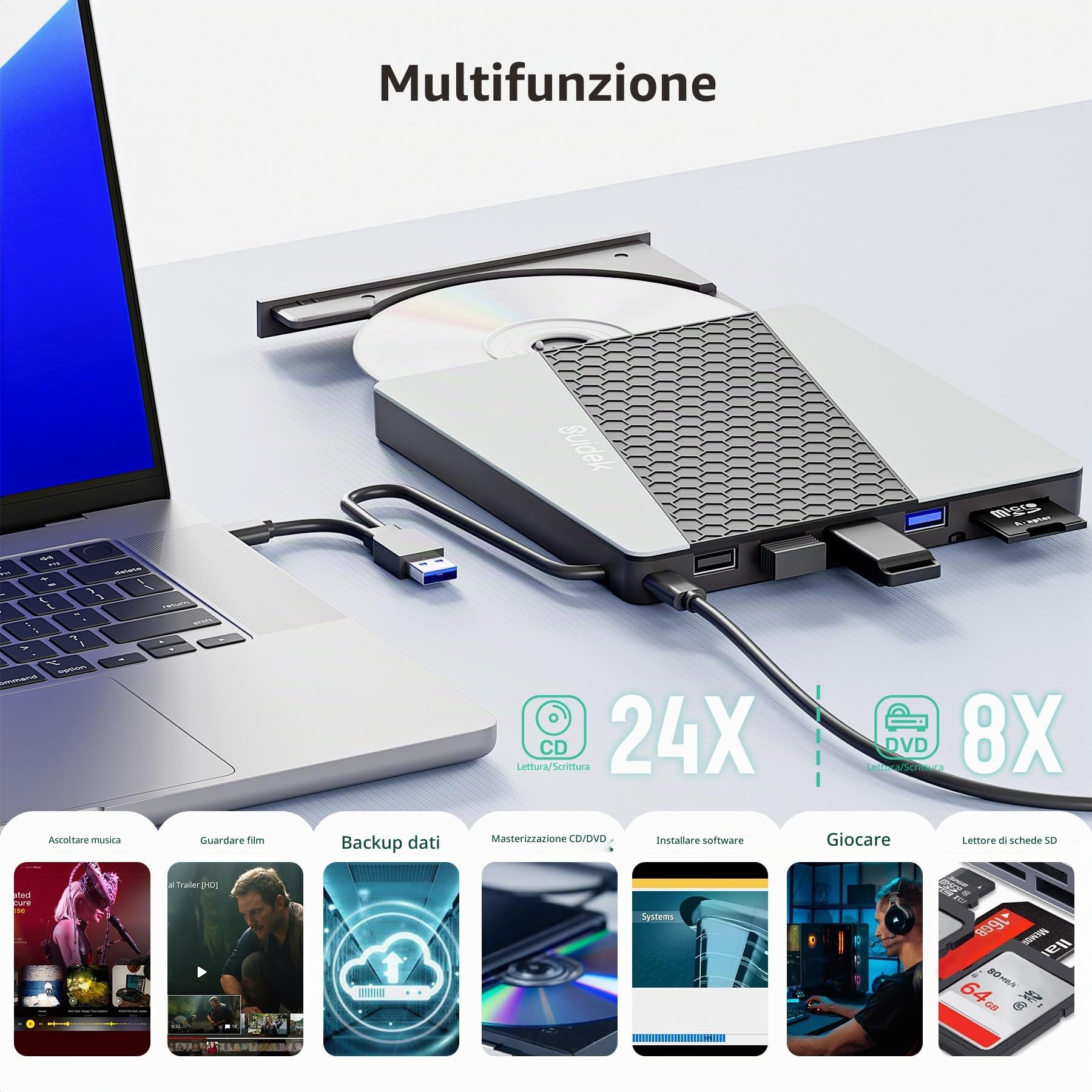 SUIDEK Unità CD/DVD esterna, USB 3.0 USB C portatile CD DVD +/-RW masterizzatore DVD con lettore di schede SD/Micro SD 7 in 1 Hub compatibile con computer portatile, Mac, PC, Windows Linux
