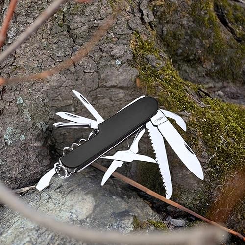 Miniatura 4 de Cuchillo de bolsillo multifunción 11 en 1, estilo suizo de acero inoxidable, cuchillo de bolsillo multiherramienta, al aire libre, plegable (negro)