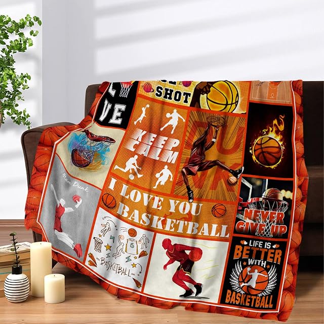 Basketball Throw Blanket for Boys Girls, 130 x 150 cm Super Soft Cozy Basketball Flannel Fleece Blanket for Kids Teens Gift, Fluffy Warm Sports 3D Basketball Fluffy Blankets for Couch Bed Sofa Decor