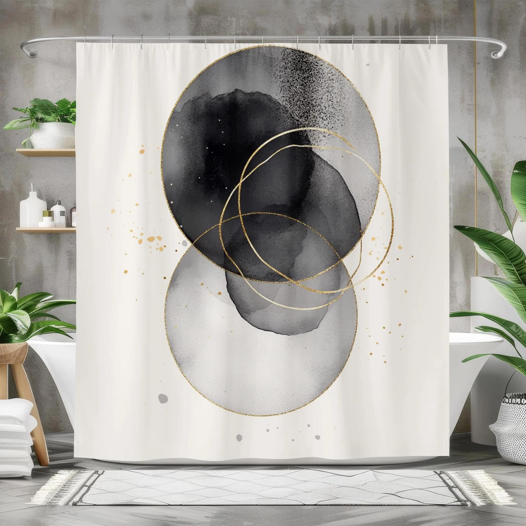 Rideau de douche en tissu de qualité supérieure, motif abstrait noir et or