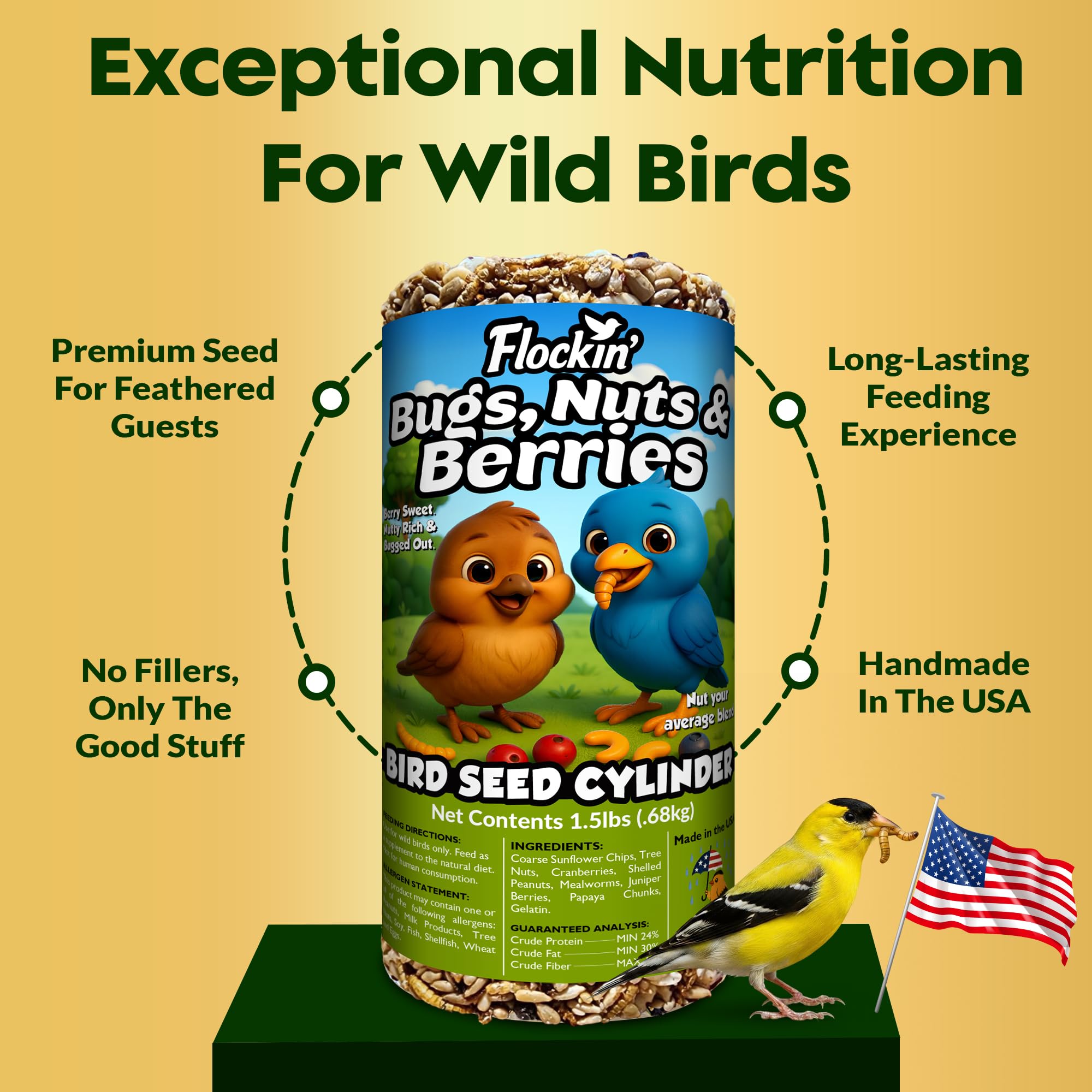 Cilindro de semillas de pájaros con agujero, frutos secos y bayas, alimento para pájaros carpinteros, Blue Jays, trepadores y más, mezcla natural rica en proteínas de alta calidad, sin rellenos