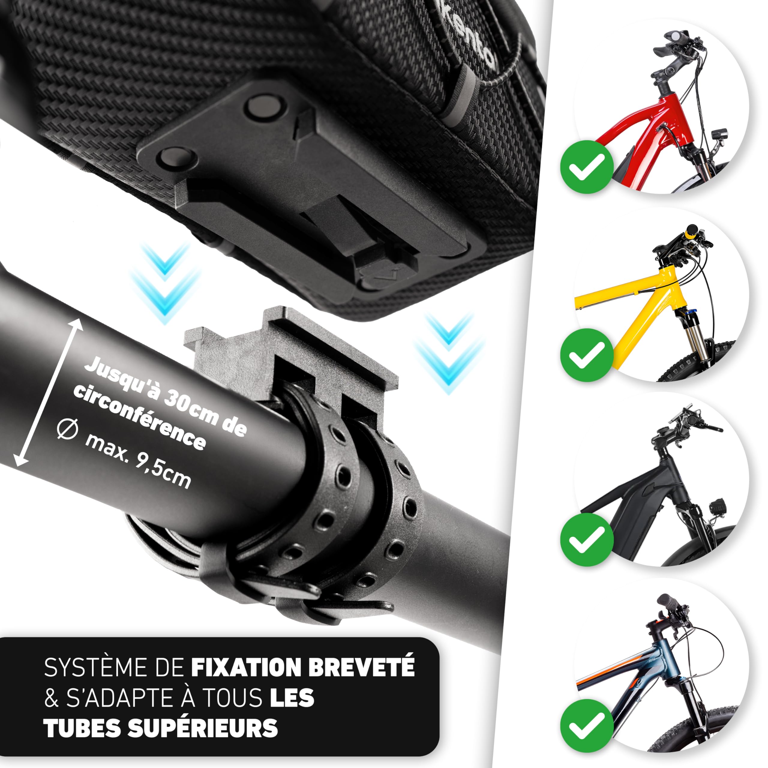 Valkental® Sacoche de Cadre vélo 1,8L [Adaptateur Rapide] Étanche pour VTT, vélo électrique & Route – Pochette Smartphone avec Film Tactile – Sac Tube supérieur Pratique