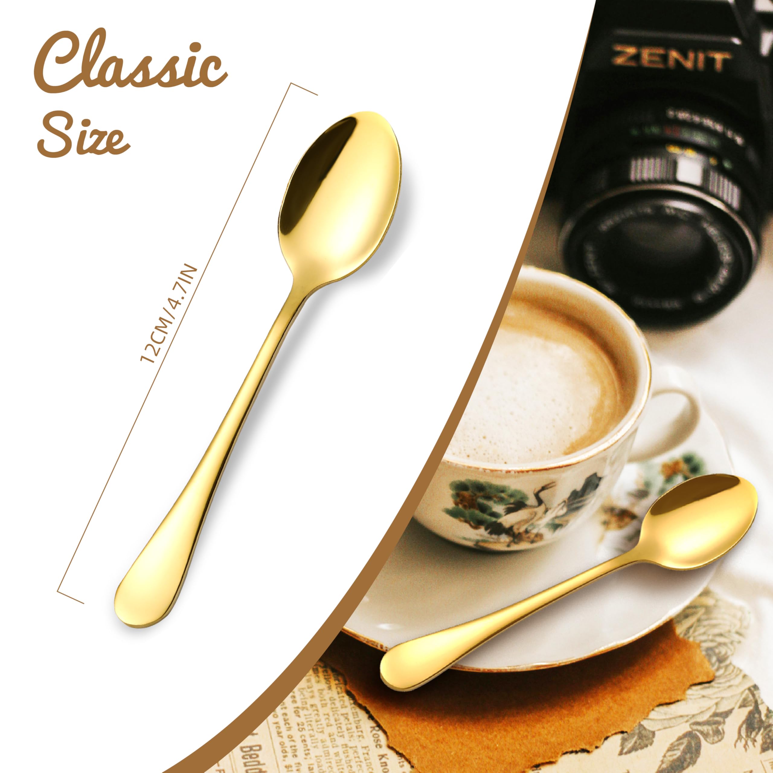 tiokin Gold Teaspoons Set of 6,Mini Coffee Spoon,4.7 Inches Stainless Steel Small Tea Spoons Dessert Spoons Set for Dessert,Coffee,Tea,Sugar,Appetizer,Dishwasher Safe - Image 2