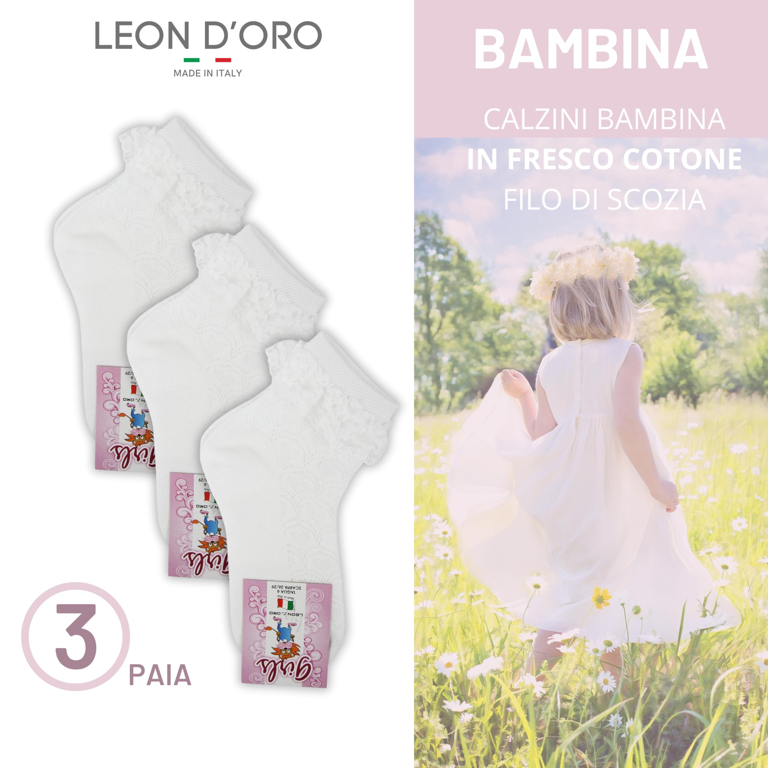 LEON D'ORO Calzini Bambina Eleganti COTONE FILO DI SCOZIA Leggero 3 Paia Calze Cerimonia Bimba Made in Italy