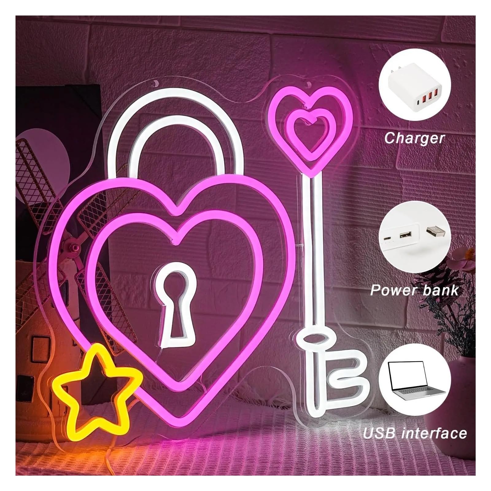 Wiszące neony artystyczne Neon Z Napisem "Kłódka I Klucz W Kształcie Serca" Z Możliwością Ściemniania, Do Sypialni, Pokoju Dziecięcego, Dla Pary, Na Wesele, Dekoracja Ścienna,34x32cm