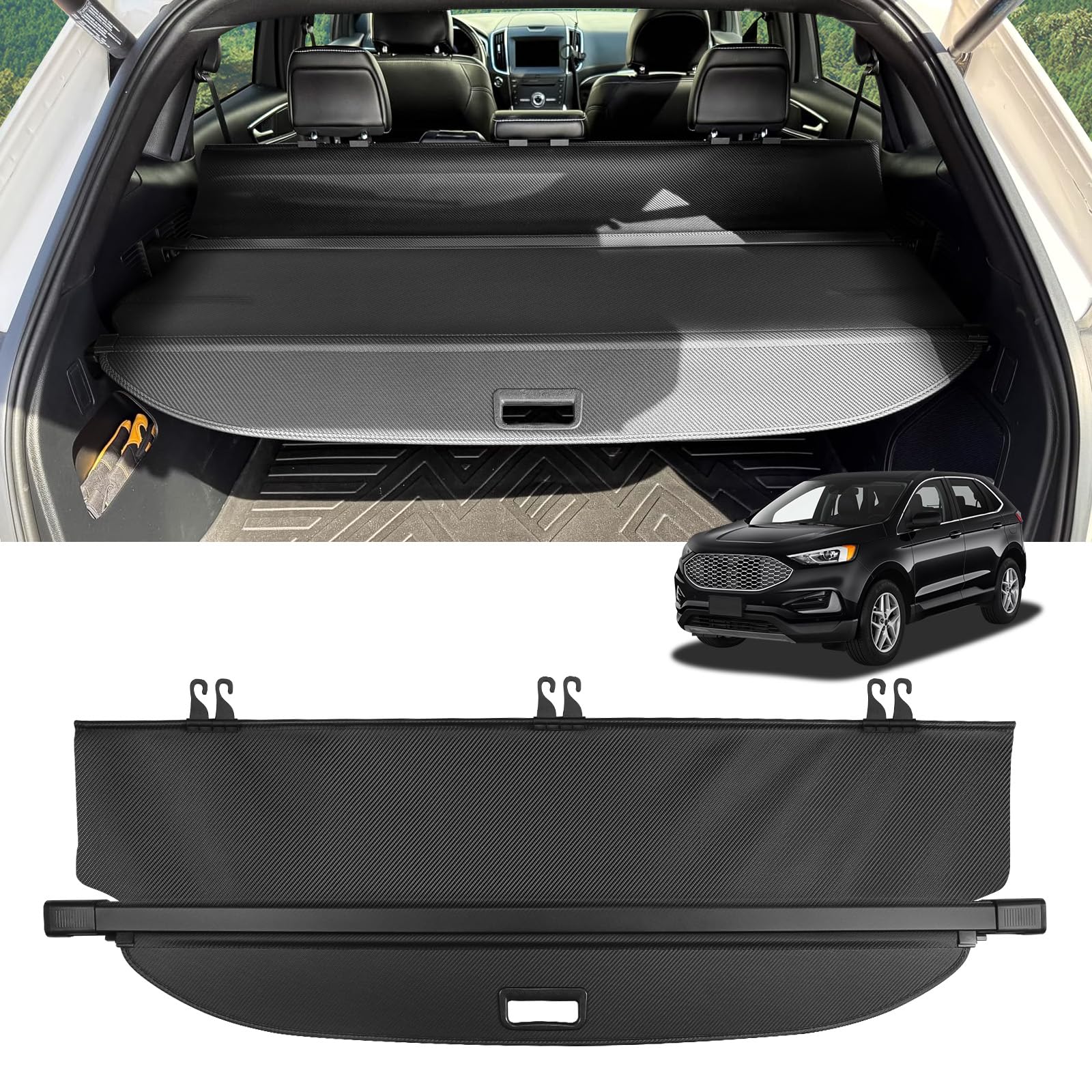 Cargo Cover for Ford Edge 2025-2015 Accessories Retractable Trunk Cover Security Shielding Shade Cargo Luggage Cover Trunk Privacy Protection (Carbon Fiber Texture)