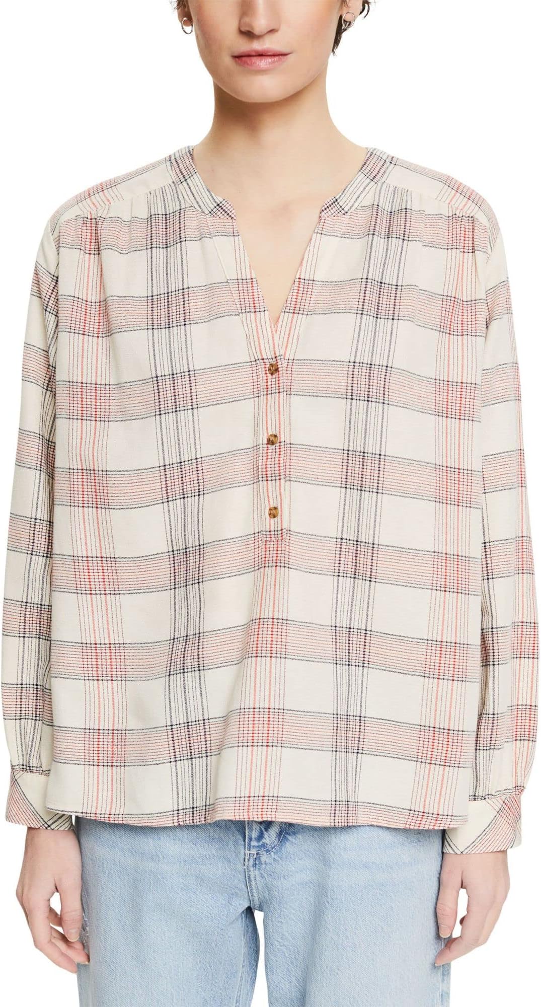 Checked blouse with slit on the neckline and buttons, off white, s
