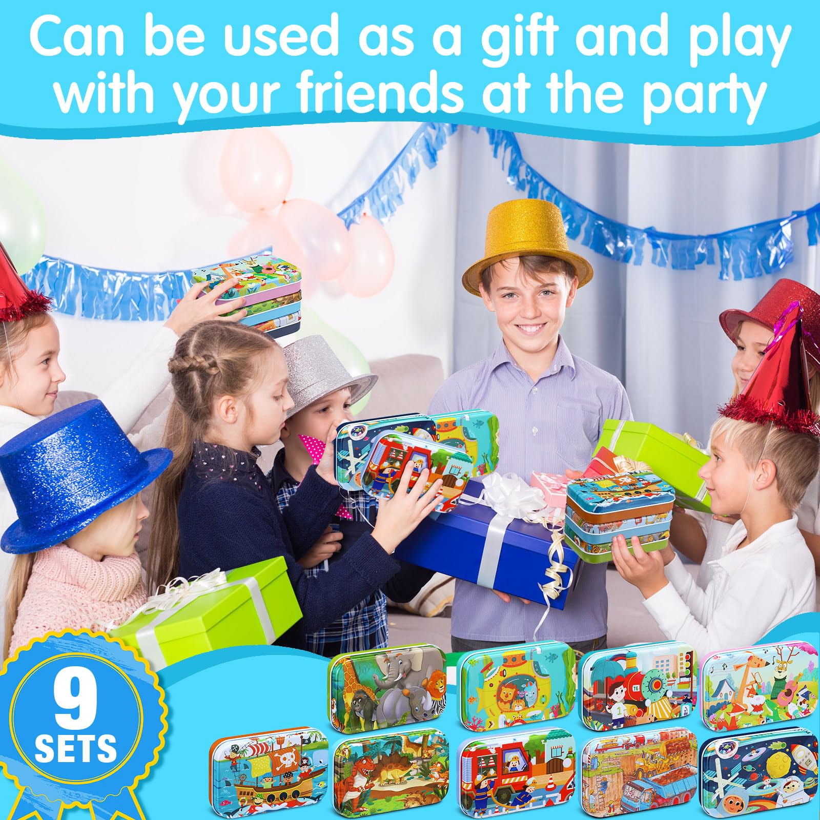Libima 9 Boxes Party Favors Jigsaw Puzzles in a Metal Box for Age of 4-8 Wooden Puzzle for Ages 4-8 Boys and Girls Learning Educational Toys 9 Styles(Delicate Style)