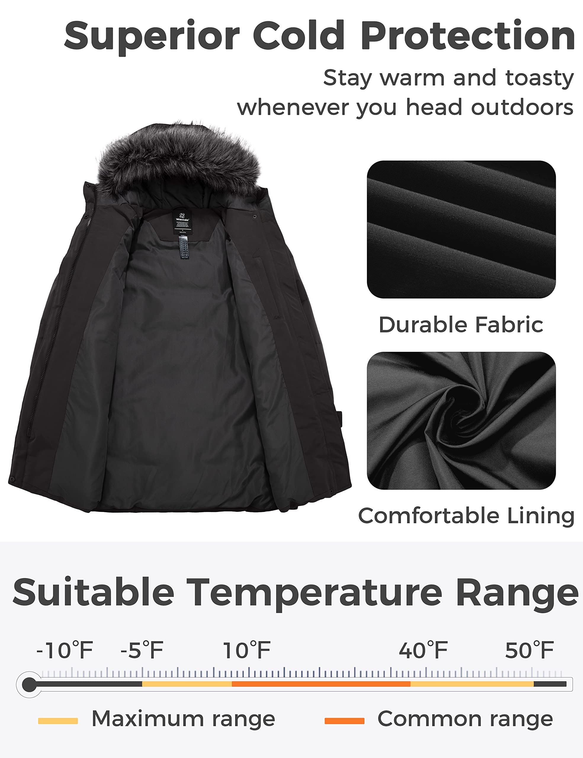 Wantdo Cappotto Donna Invernale Caldo Grande Taglie Giubbotto Imbottito con Cappoccio Impermeabile Antivento Lungo Parka per Esterno