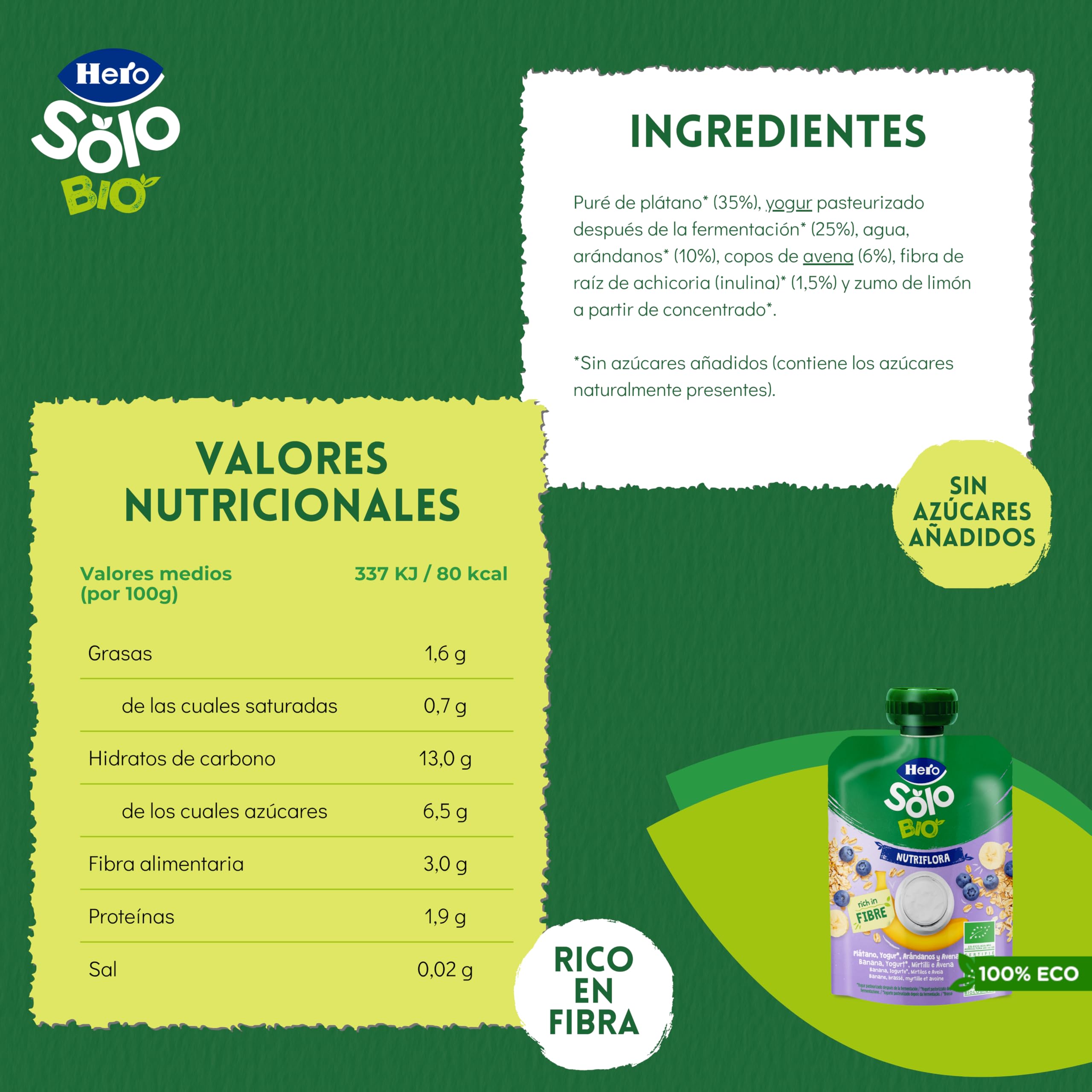 Hero Solo Bolsitas Ecológicas de Plátano Arándanos Yogur Avena Fibra Sin Conservantes Aditivos Aceite Palma Azúcares Añadidos 6 Meses Pack 18 x 100 g