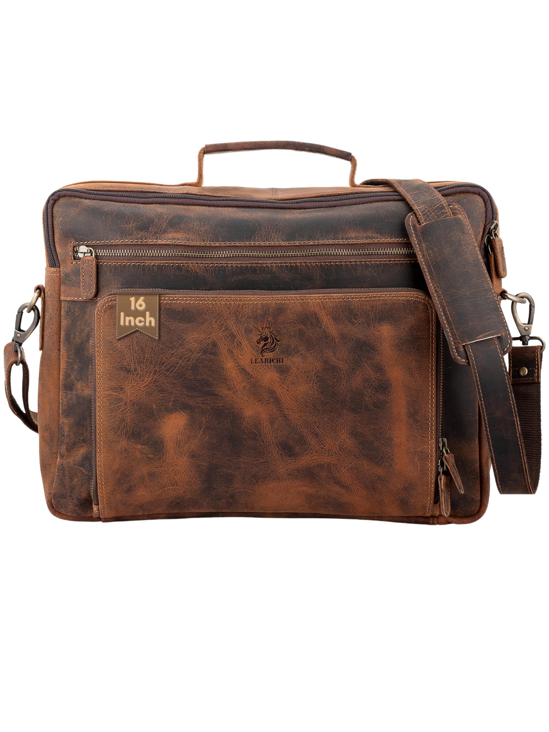 16 Inch Men's Genuine Hunter Leather Laptop Shoulder Bags for Men Office Travel, Distressed Brown Real Leather Briefcase Vintage Messenger Bag with Multiple Compartments, Trolley attachment-image-34
