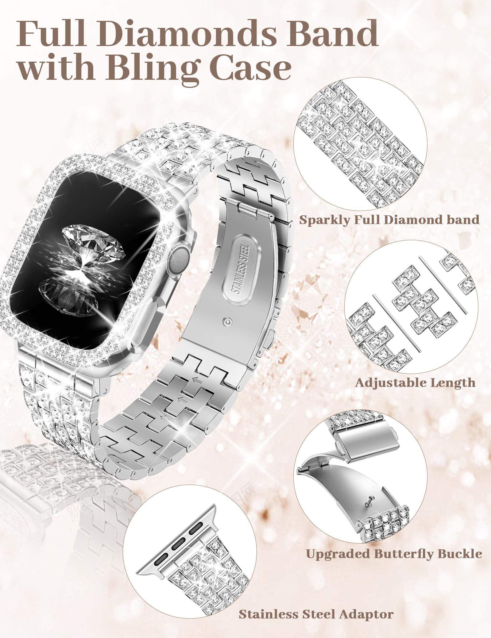 JR.DM Correas de diamantes con funda brillante para mujer compatibles con Apple Watch de 40 mm, 38 mm, 41 mm, 44 mm, 45 mm, 42 mm, 46 mm, 49 mm, correa de repuesto de metal de lujo para iWatch Series