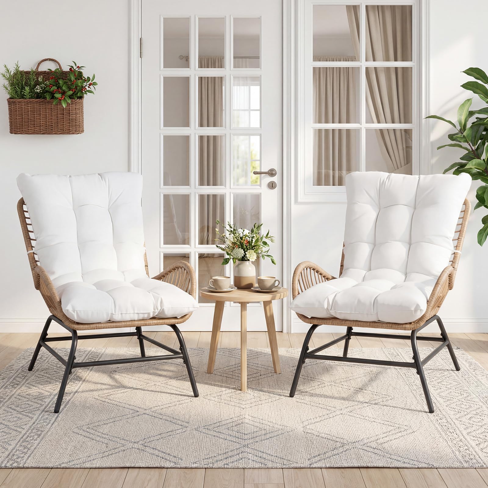 COSTWAY 2er Set Gartenstühle Rattan Wetterfest, Gartensessel mit dickem Kissen, Rattansessel XXL, Terrassenstühle, Rattanstühle bis 150 kg belastbar, für Garten, Terrasse, Balkon (Weiß)