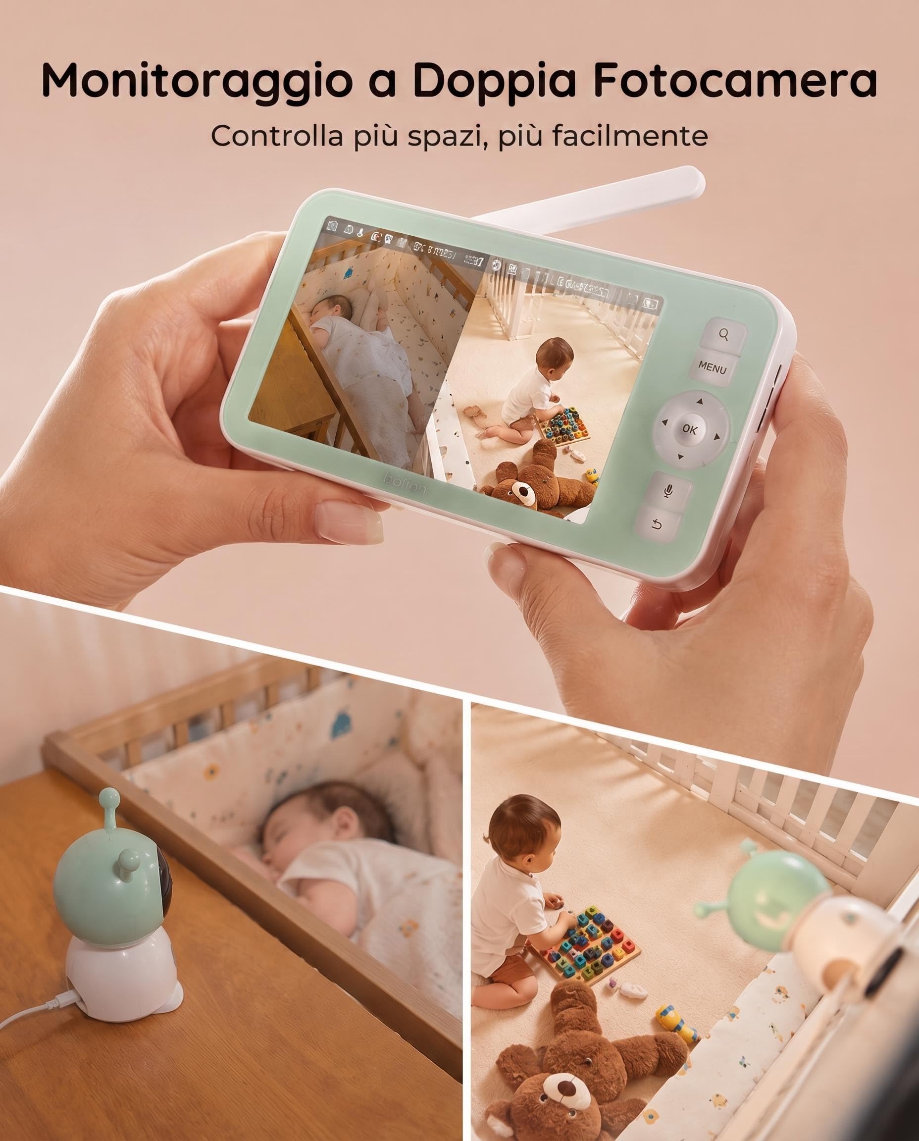 BOIFUN Baby monitor 5" con schermo diviso e 2 telecamere, baby monitor WiFi 2K tramite schermo e controllo tramite app, registrazione e riproduzione, sensore di temperatura e umidità