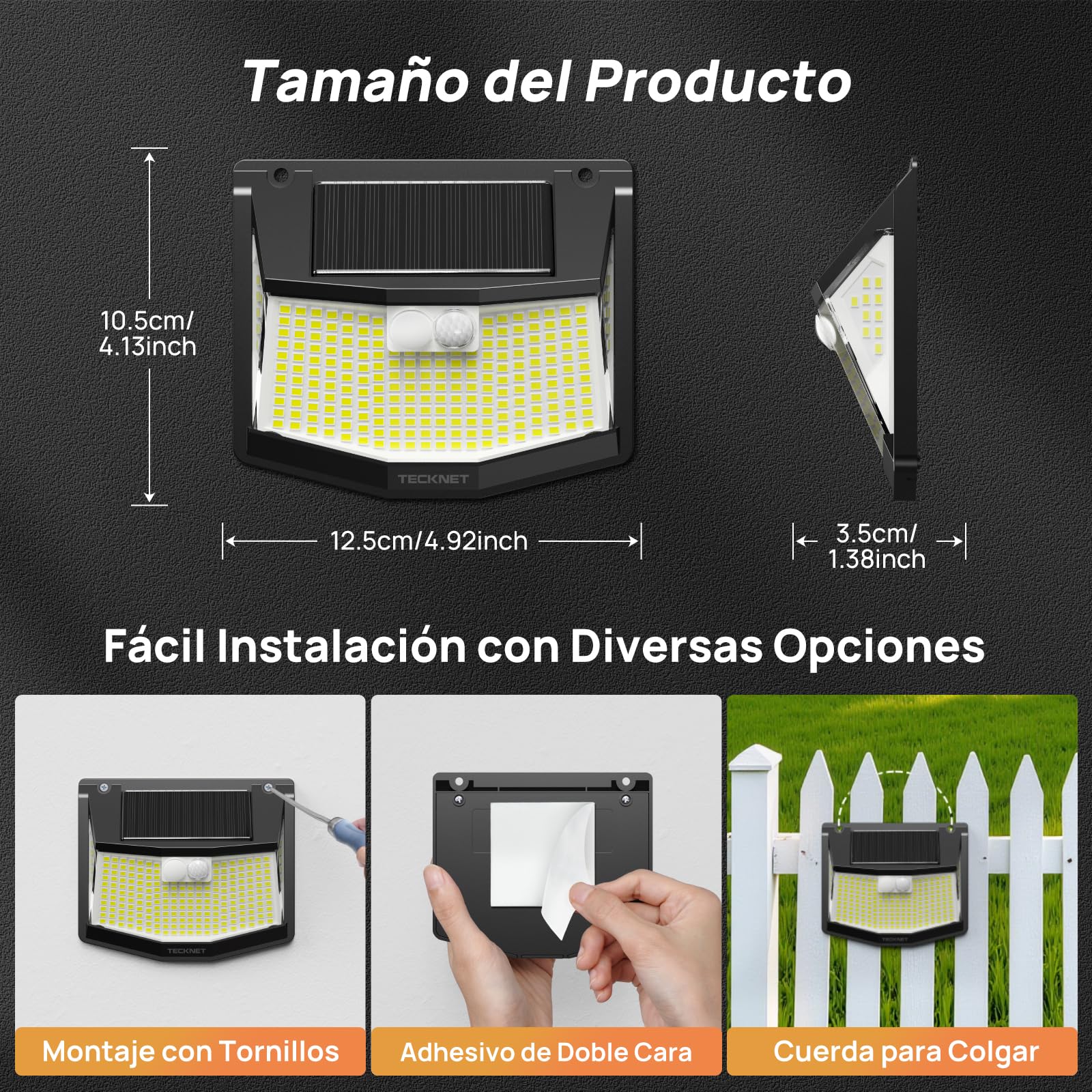 TECKNET Luz Solar Exterior, 248 LED/300° Iluminación Potente, Focos Led Exterior Solares con Sensor de Movimiento, 3 Modes IP66 Impermeable Luces Solares para Jardín, Garaje, Patio, 4 Paquete