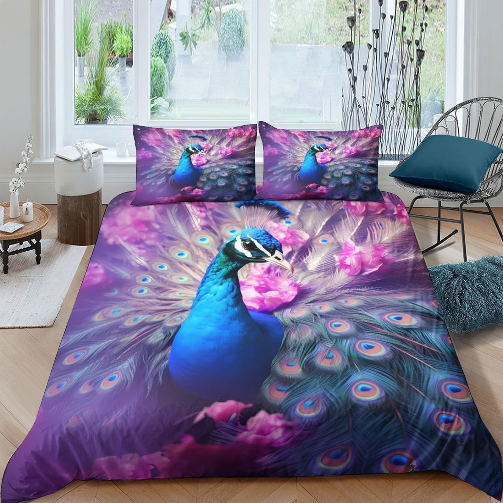 Ctjqhvkz Style-1 3D Printed Peacock Bloom Fitted Sheet Microfiber Soft Purple Blue Bedroom Decor Feather Mattress Cover Single（135X200cm）