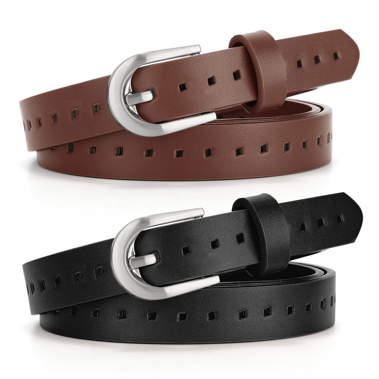 SUOSDEY 2 Pack Women Leather Belt, Skinny Belt for Jeans Pants Dresses Ladies Waist Belt