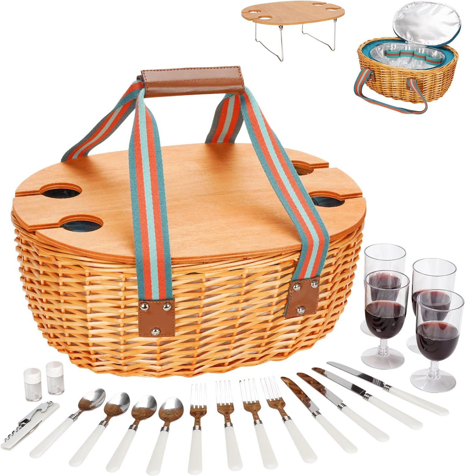STBoo Picnic Basket for 4, Insulated Wicker Hamper with Folding Table, Willow Picnic Baskets Set with Large Insulated Cooler Bag for Camping Outdoor, Great Gifts for Christmas, Thanksgiving(Blue)