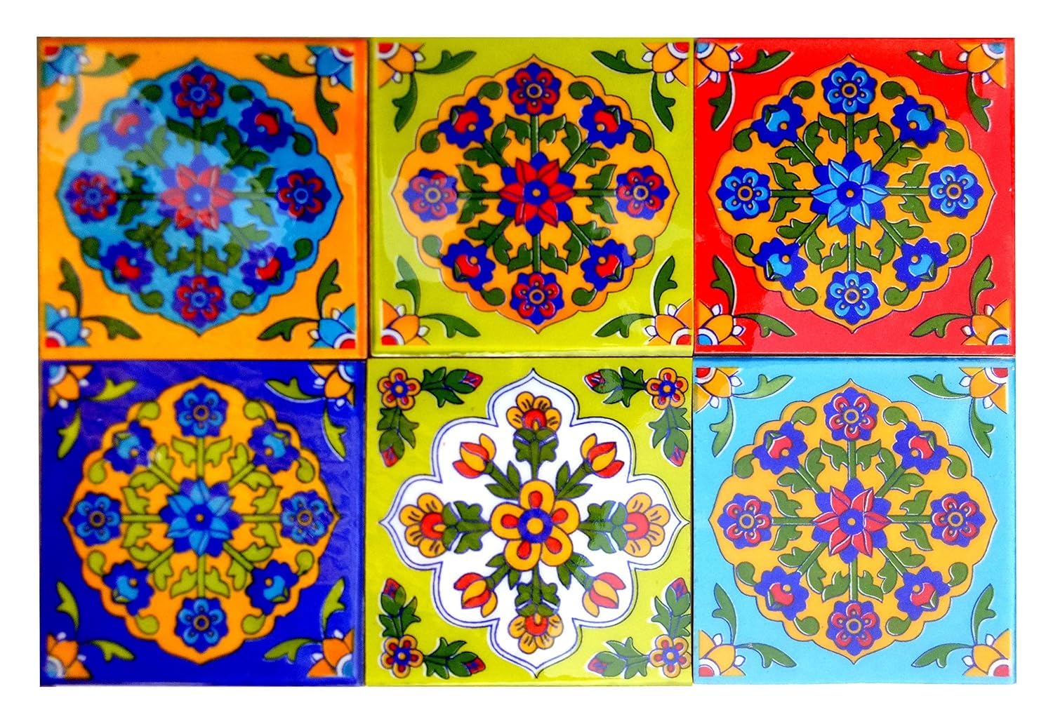 Season Creation Blue Pottery Home Decorative Ceramic Wall Hanging Tile Design Flooring Tiles Floral Kitchen Washroom Mosaic Furniture Tile Handmade Backsplash 4 x 4 Inches (Pack of 6, Multicolor)