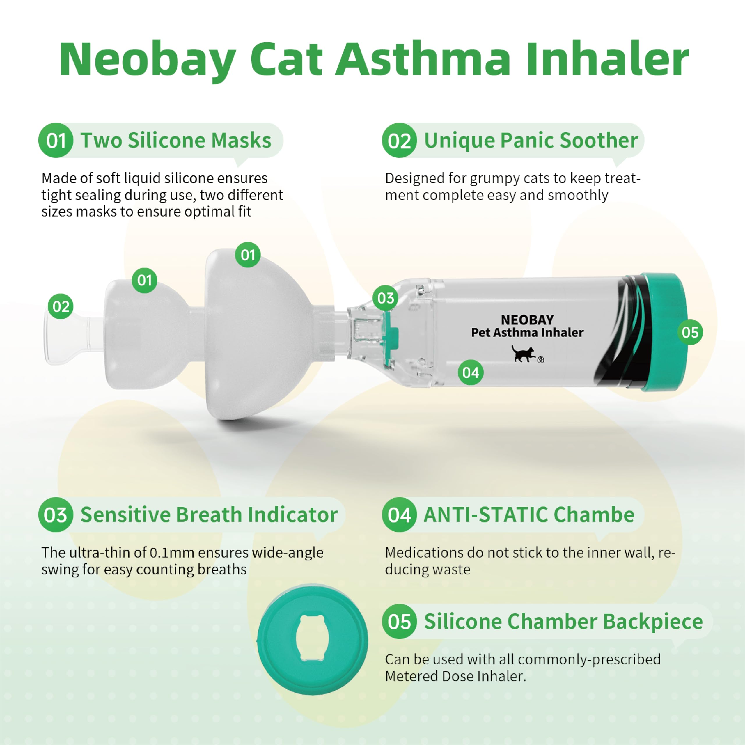 Neobay Inhalateur d'espacement pour chat avec sucette de panique unique et indicateur de respiration sensible – Conçu pour les chats souffrant d'asthme et de problèmes respiratoires, comprend 2