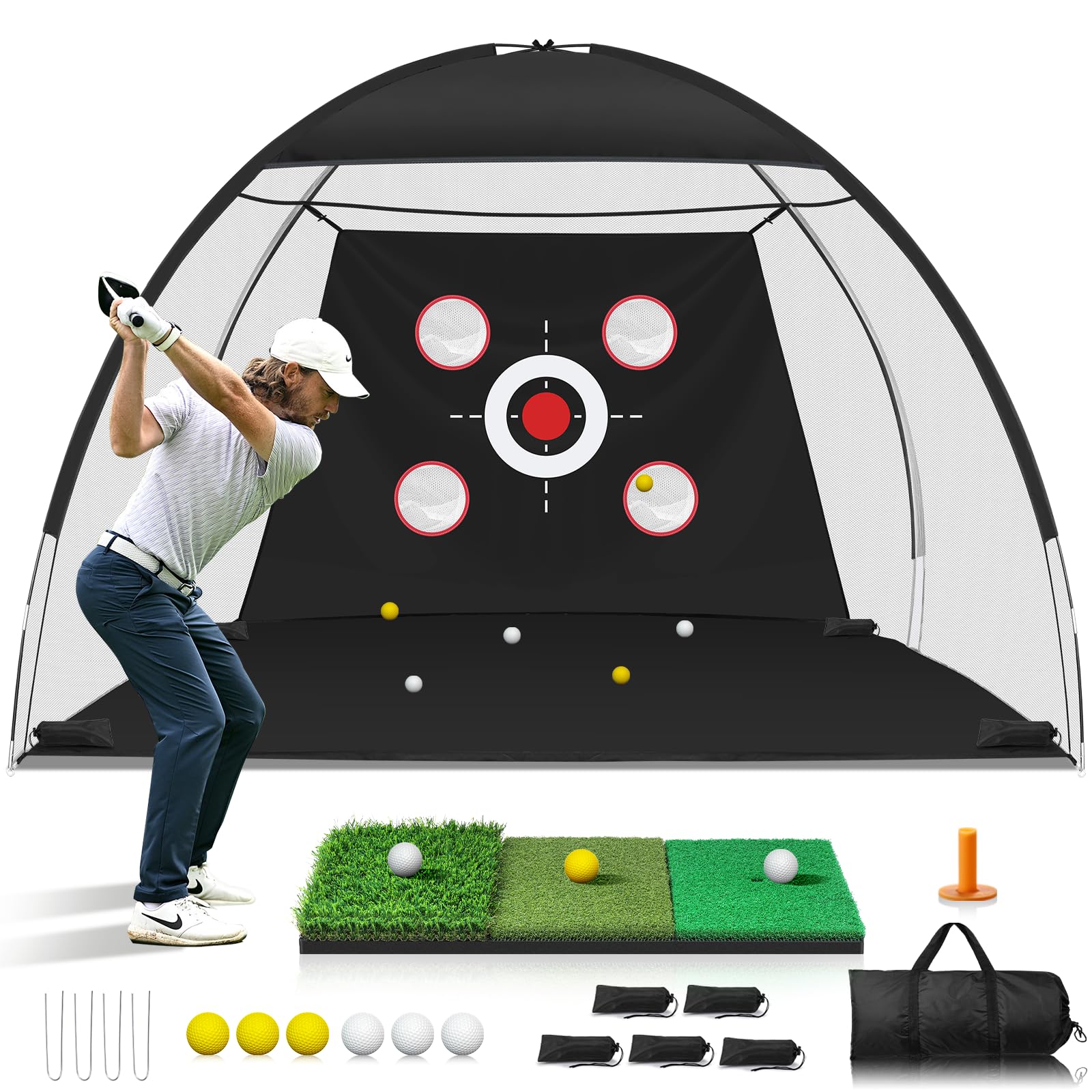 Photo 1 of 10x7FT Golf Net with Mat, Golf Practice Net for Backyard Garage Indoor Outdoor with Target Pockets for Driving Chipping Swing, for Men Women Dad Husband Golfer, Ideal Gift for Him
