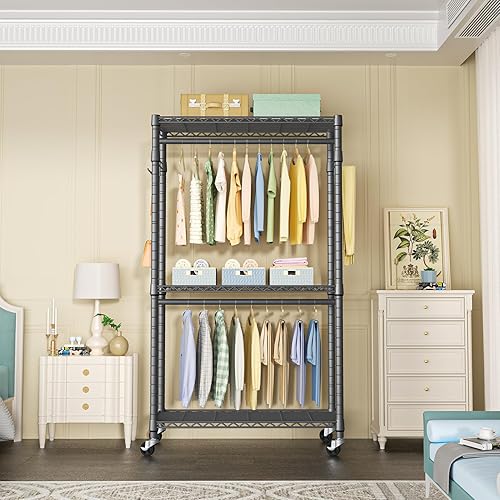 Miniatura 9 de P2 - Armarios portátiles de alta resistencia, sistema de armario de metal de 3 niveles, organizadores de ropa y almacenamiento con 2 ruedas con