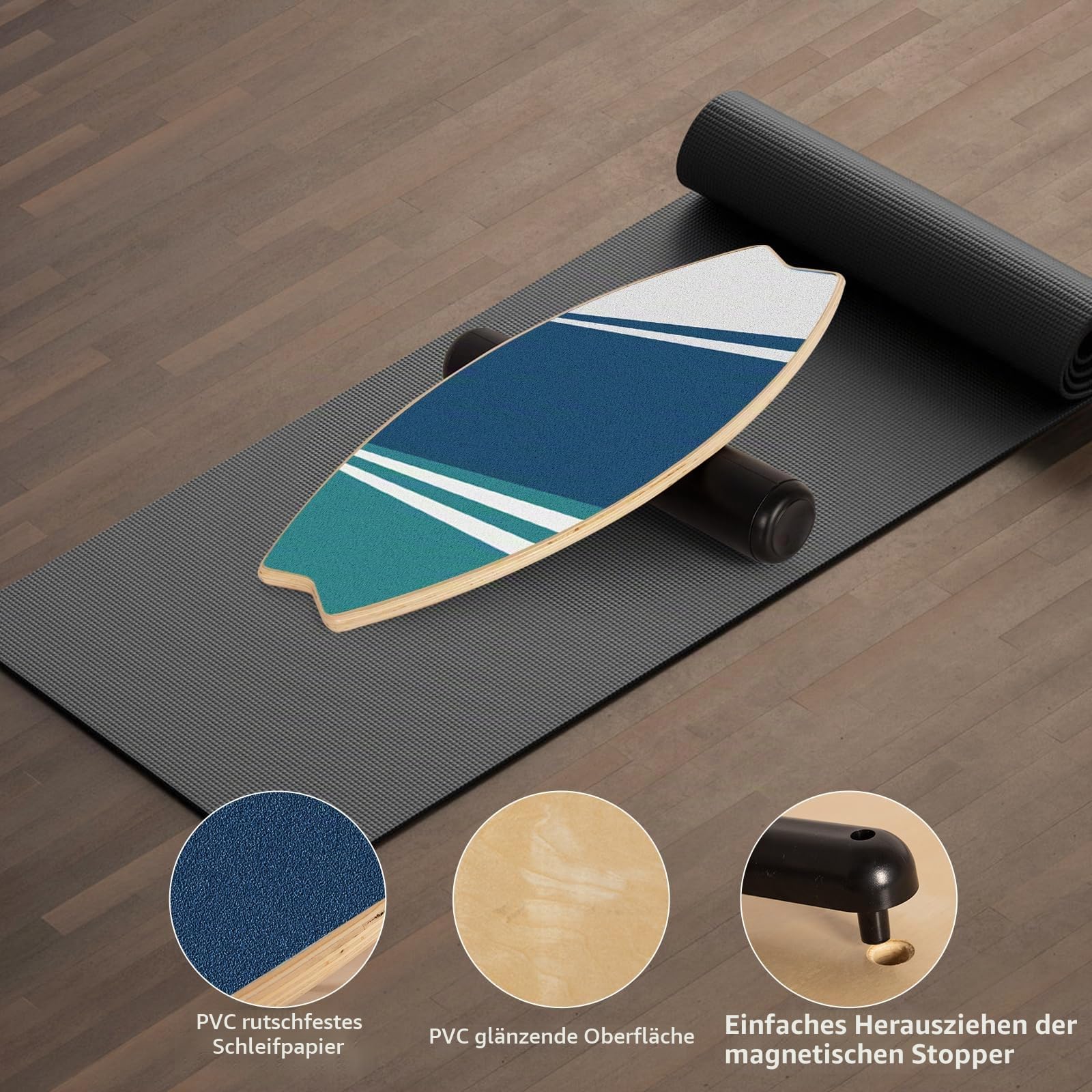 Leogreen Balance Board aus Holz in Surfboard, 7-in-1 Surfin Balanceboards Erwachsene Gleichgewichtstrainer, bis 160 kg belastbar für Surf-Training mit Verstellbaren Stoppern, Roller