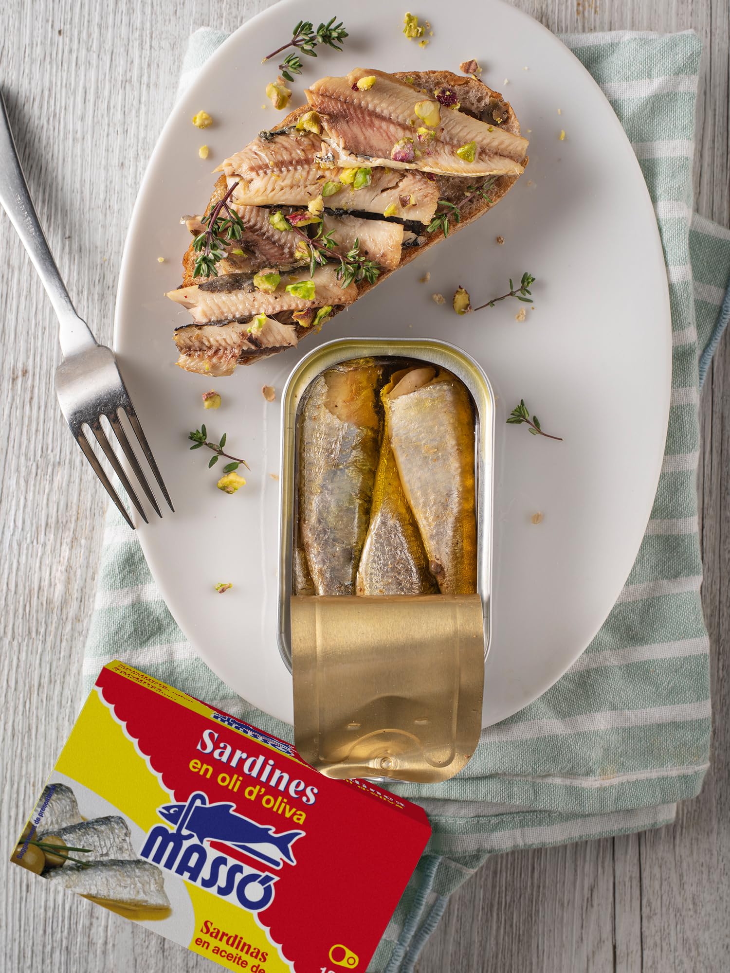 Massó Sardinas en aceite de oliva, 1 pack de 5 latas de 120gr, en catalán.