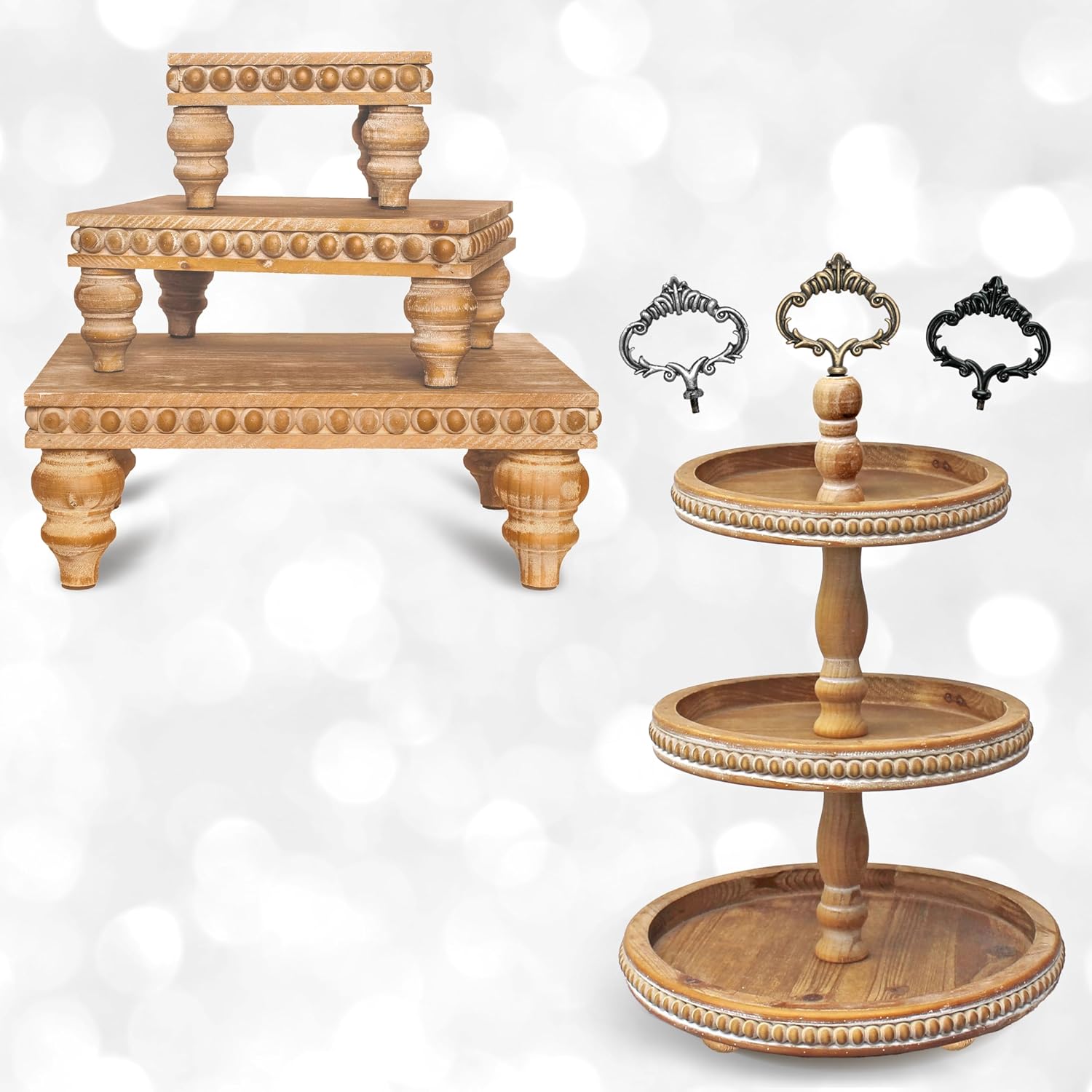 Tiered Tray + Risers Bundle - Beaded 3 Tier Wooden Tray Stand w/ Changeable Handles & Set of 3 Beaded Wooden Risers | Farmhouse Rustic Display & Decorative Footed Risers (Brown)