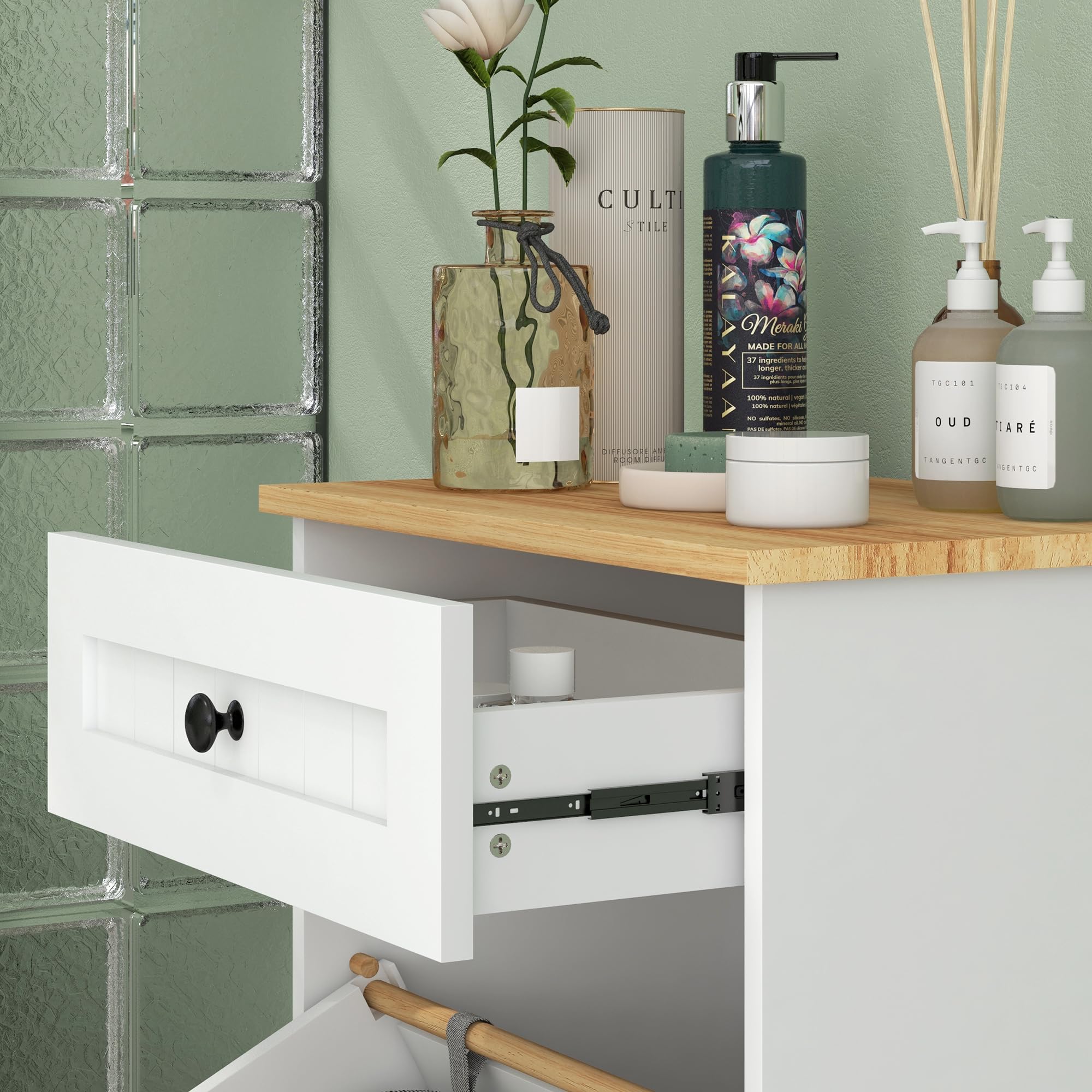 HOMCOM Mueble Auxiliar de Baño Cesto para Ropa Sucia Armario de Baño con Cajón y Diseño Anti-vuelco Mueble de Baño Moderno 52x33x90 cm Blanco