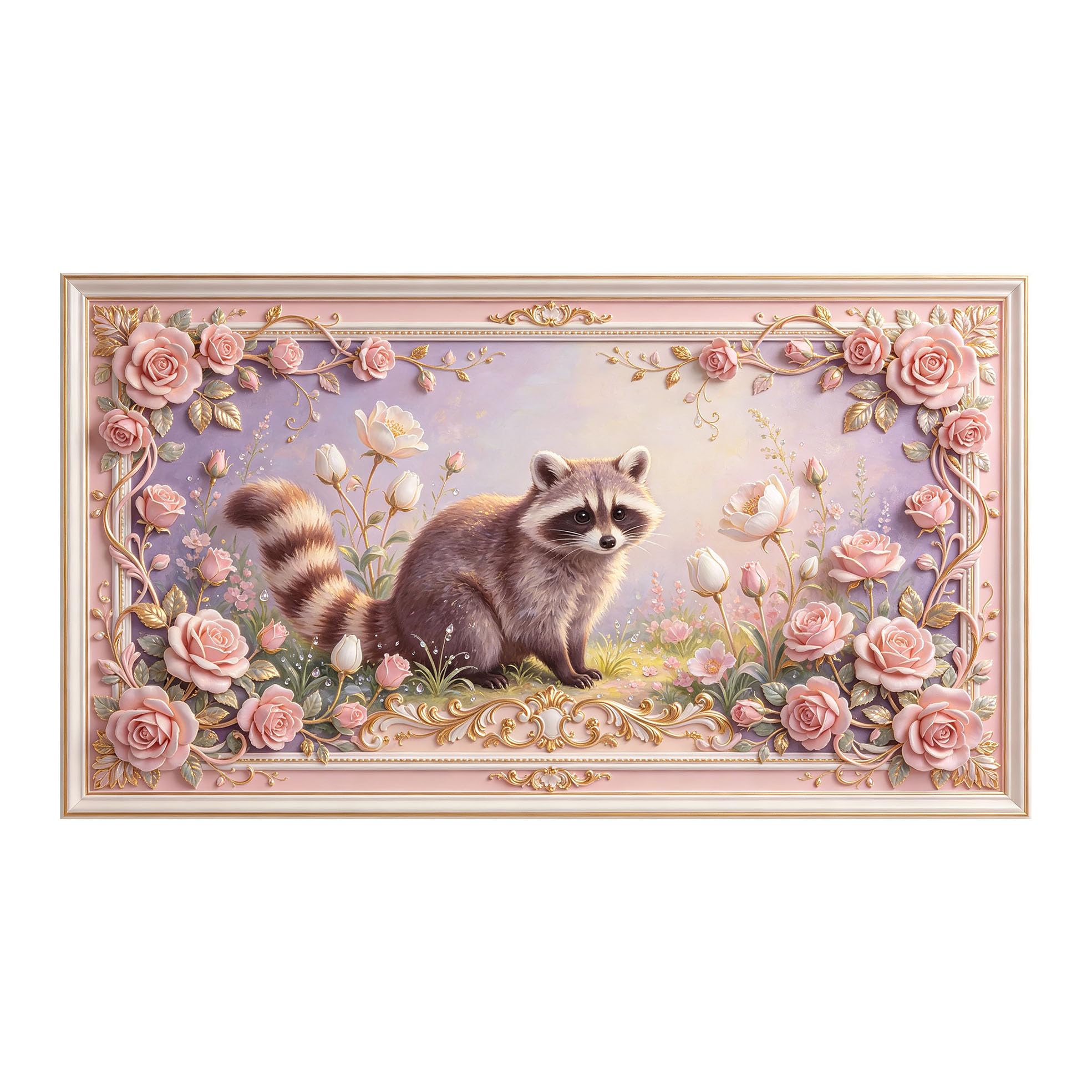 Yzpallescene 3D 3D Framed Wall Art 50cm×90cm Romantic Raccoon Floral Garden Pastoral Oil Painting Large Size SelfAdhesive Removable Wall Decor Prints Artwork for Living Room Bedroom Office