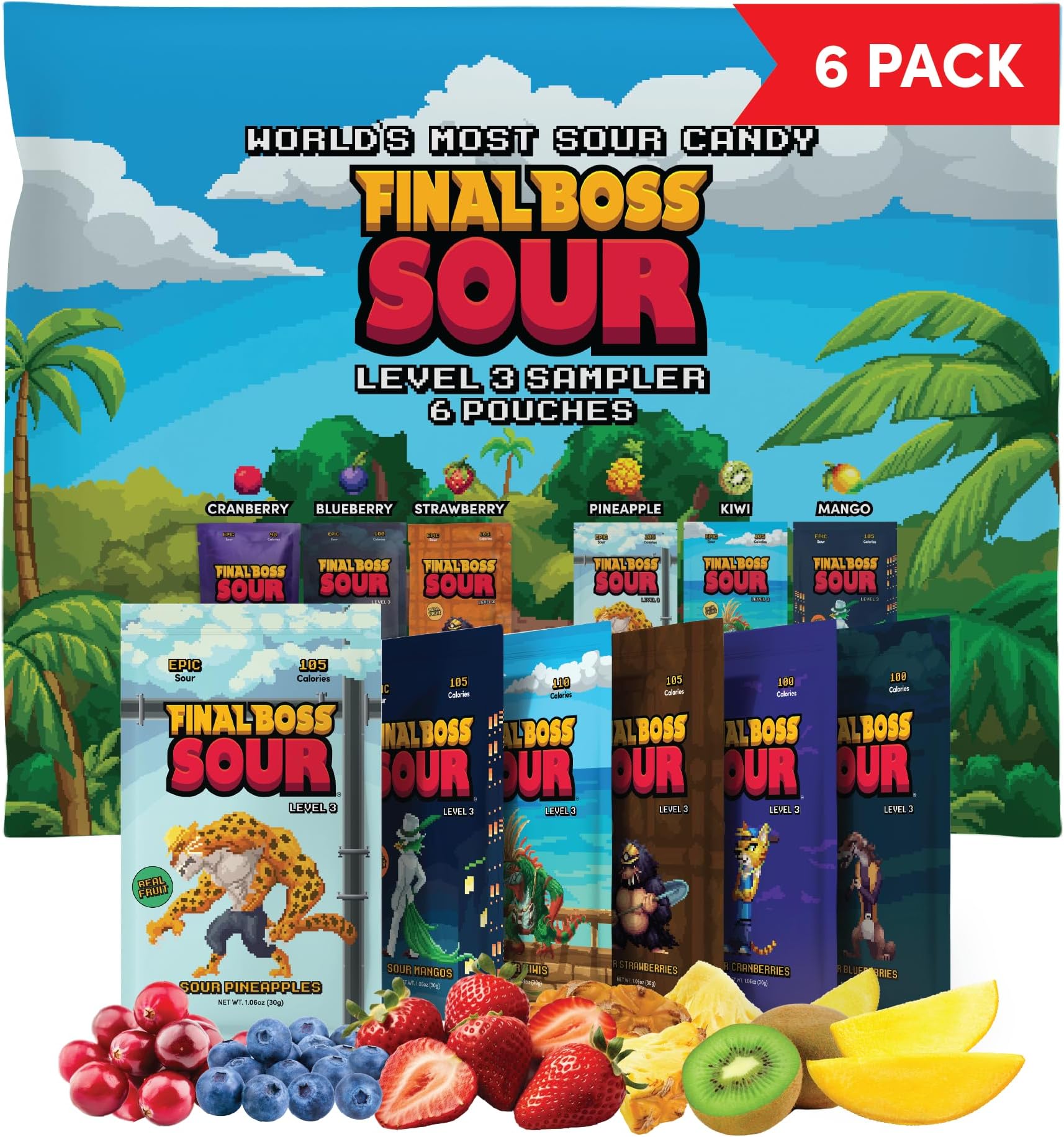 Final Boss Sour Candy, Variety Pack, 6 Packs, Level 3, Extreme Sour Fruit Chews with Real Dried Fruit, No Artificial Colors or Flavors, Low Calorie Snack for Kids, Teens & Adults