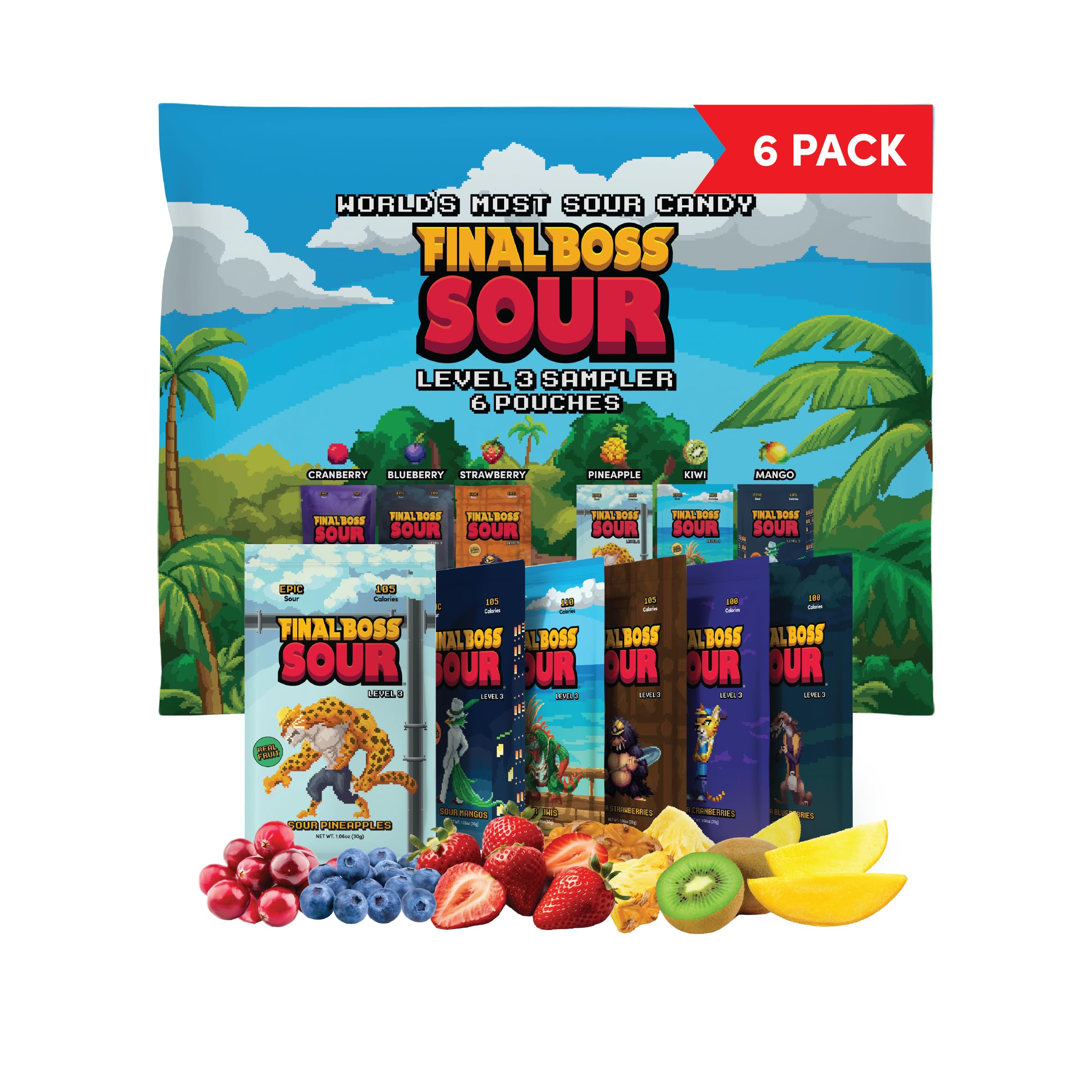Final Boss Holiday Sour Candy, Variety Pack, 6 Packs, Level 3, Extreme Sour Fruit Chews with Real Dried Fruit, No Artificial Colors or Flavors, Low Calorie Snack for Kids, Teens & Adults