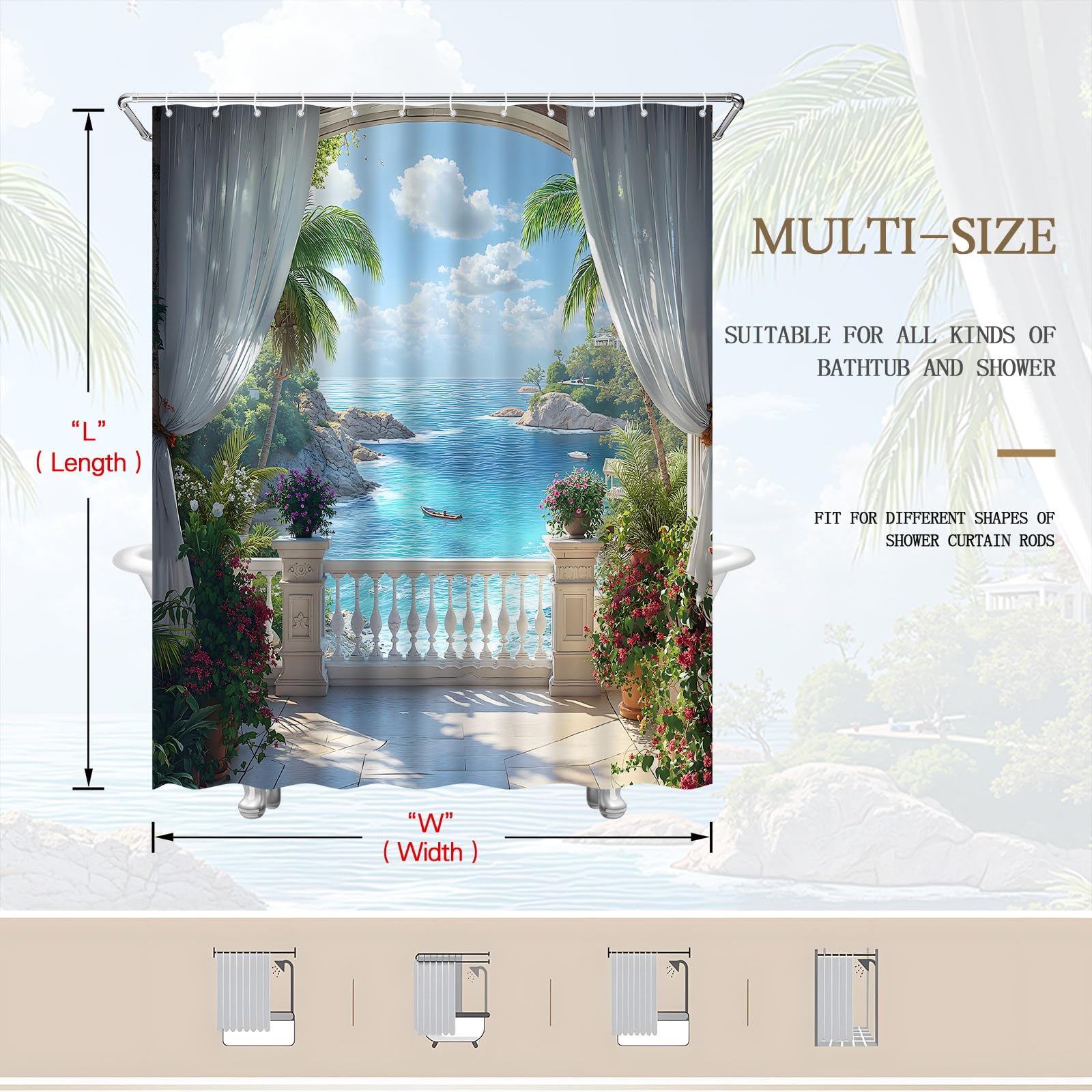 JOFKAXU Santorini Shower Curtain - Greece Island Purple Flower Scenery, Polyester Fabric, With Hooks - View #8