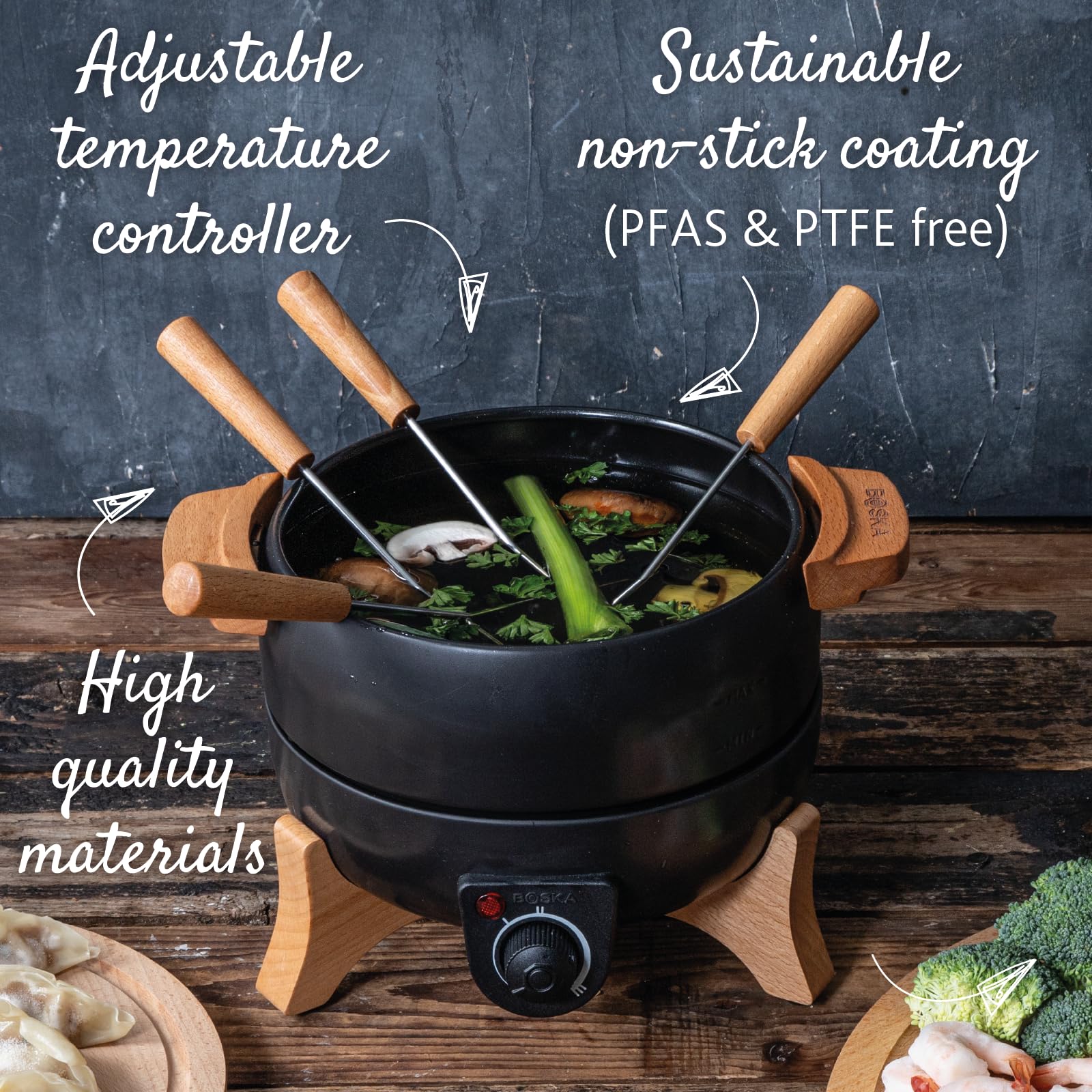 Boska Servizio per fonduta elettrica per partito – fonduta elettrica – per fonduta di formaggio, fonduta al cioccolato, Hotpot, fonduta cinese, fonduta elettrica – controllo della temperatura – 2,3 l