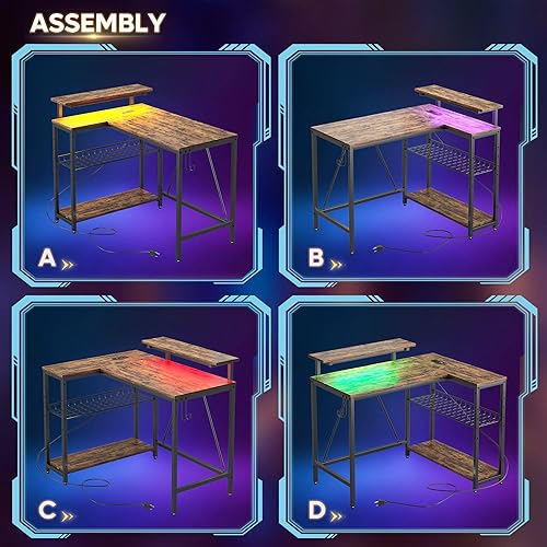 Miniatura 41 de Bestier Escritorio en forma de L de 58 L con tomas de corriente, escritorio esquinero para oficina en casa con estantes reversibles y luces LED,