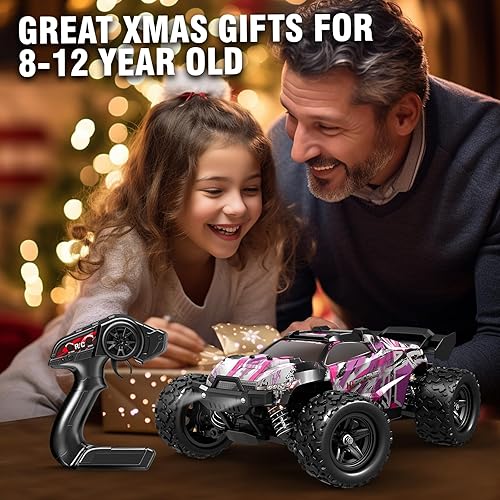 Miniatura 6 de Auto de control remoto rosa para niñas, autos a control remoto rápidos 118 para niñas con camión todoterreno de 40 KMH 4WD, incluye 2 baterías