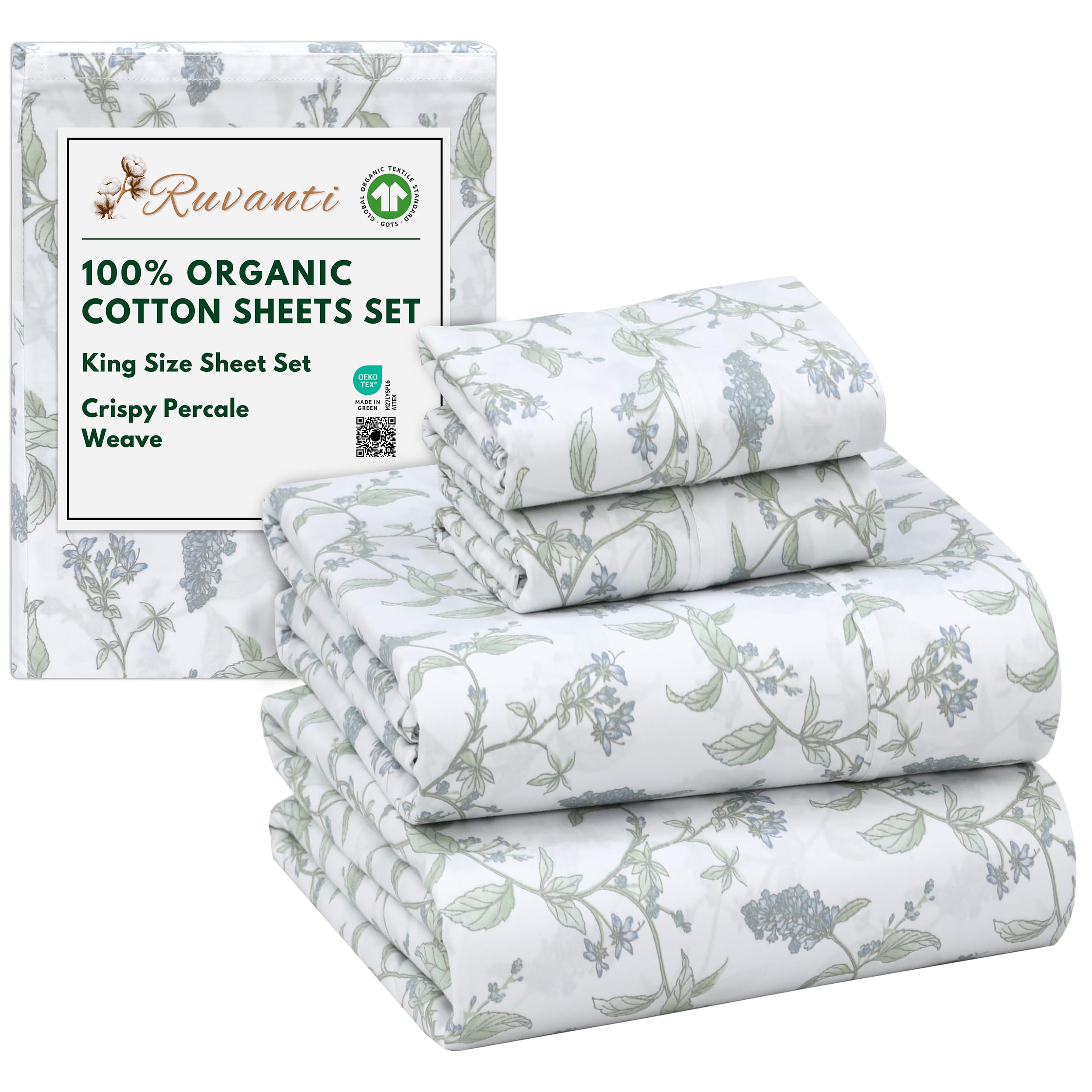 RUVANTI 100% Organic Cotton Sheets - King Size Sheet Set - 4 Piece Percale Weave Bedding, Crisp, Cooling & Breathable, Soft & Durable, 16" Deep Pocket, Hotel Quality Sábanas - Vine Yard