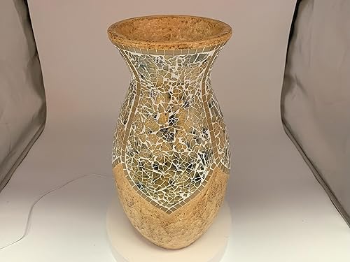 Miniatura 5 de Jarrón de piso, cilindro alto hecho de terracota con piezas de mosaico de vidrio amarillo tostado, exquisita pieza de decoración del hogar (18 x 10