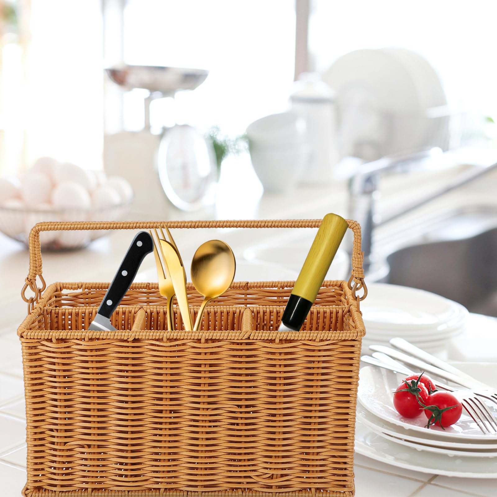 TOPBATHY Cesta Organizadora De Cubiertos De Imitación De Mimbre Con Asa 11.6X6.9X6.1 Pulgadas Para Cocina Y Picnic Estilo Rústico Con Compartimentos Separados