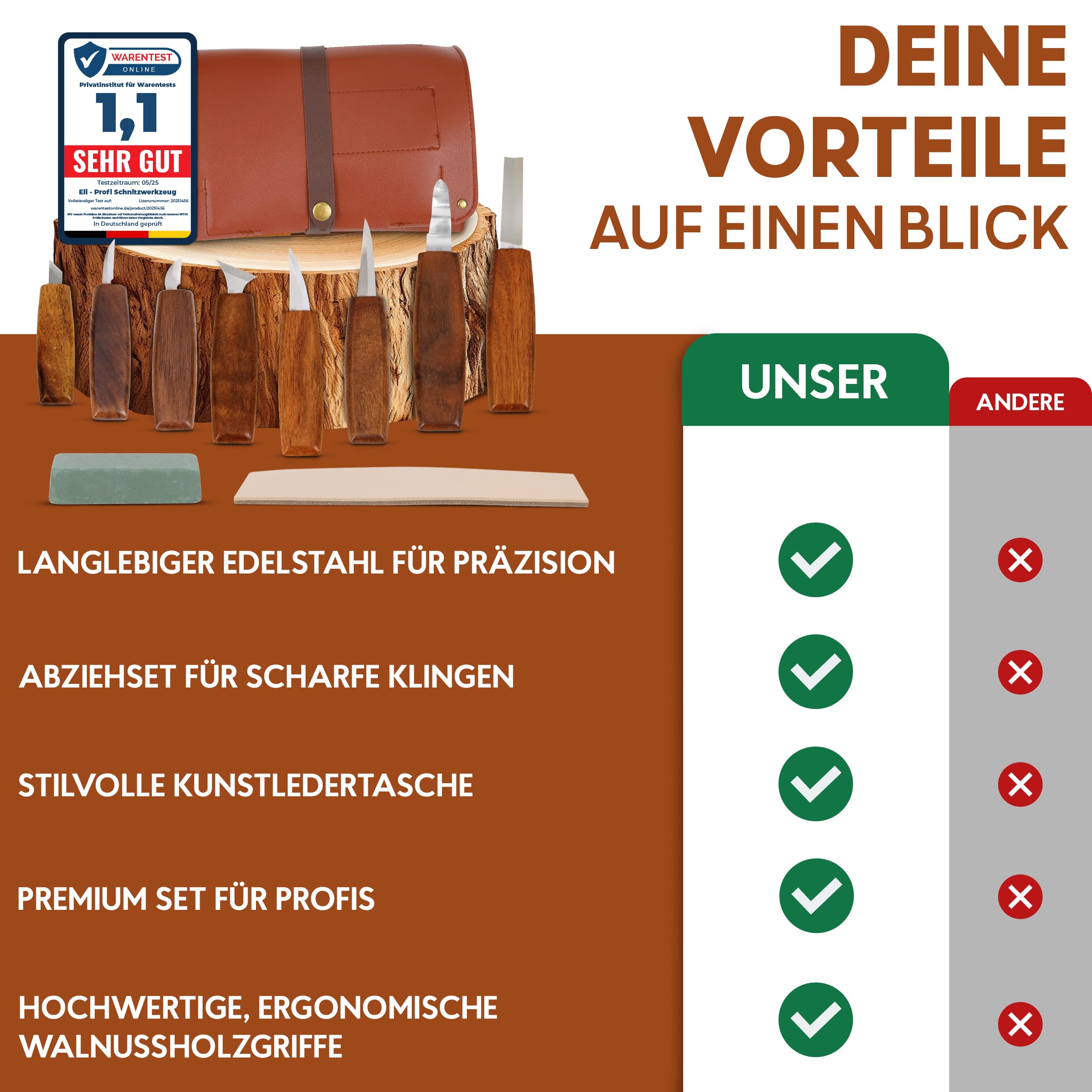 Eli® Hochwertiges Profi Schnitzwerkzeug Set inkl Tasche und Abziehleder - Walnussholzgriffe - rostfreier Stahl - Schnitzmesser - Schnitzset - Werkzeug - Perfekt für Erwachsene - Holzwerkzeug