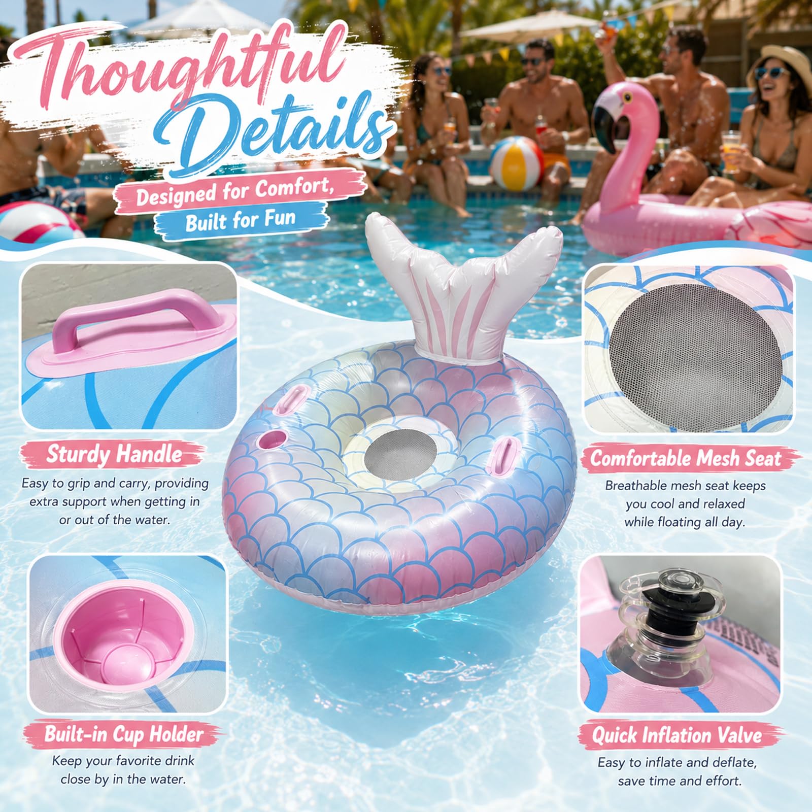 ZoneYan Grande Hamaca Flotante,125 * 80cm, Hinchable Colchoneta Piscina Respaldo,Inflables Flotante Colchoneta, Adulto Flotador Piscina, Piscinas Hamaca Portavaso, Piscinas Flotadores Inflables